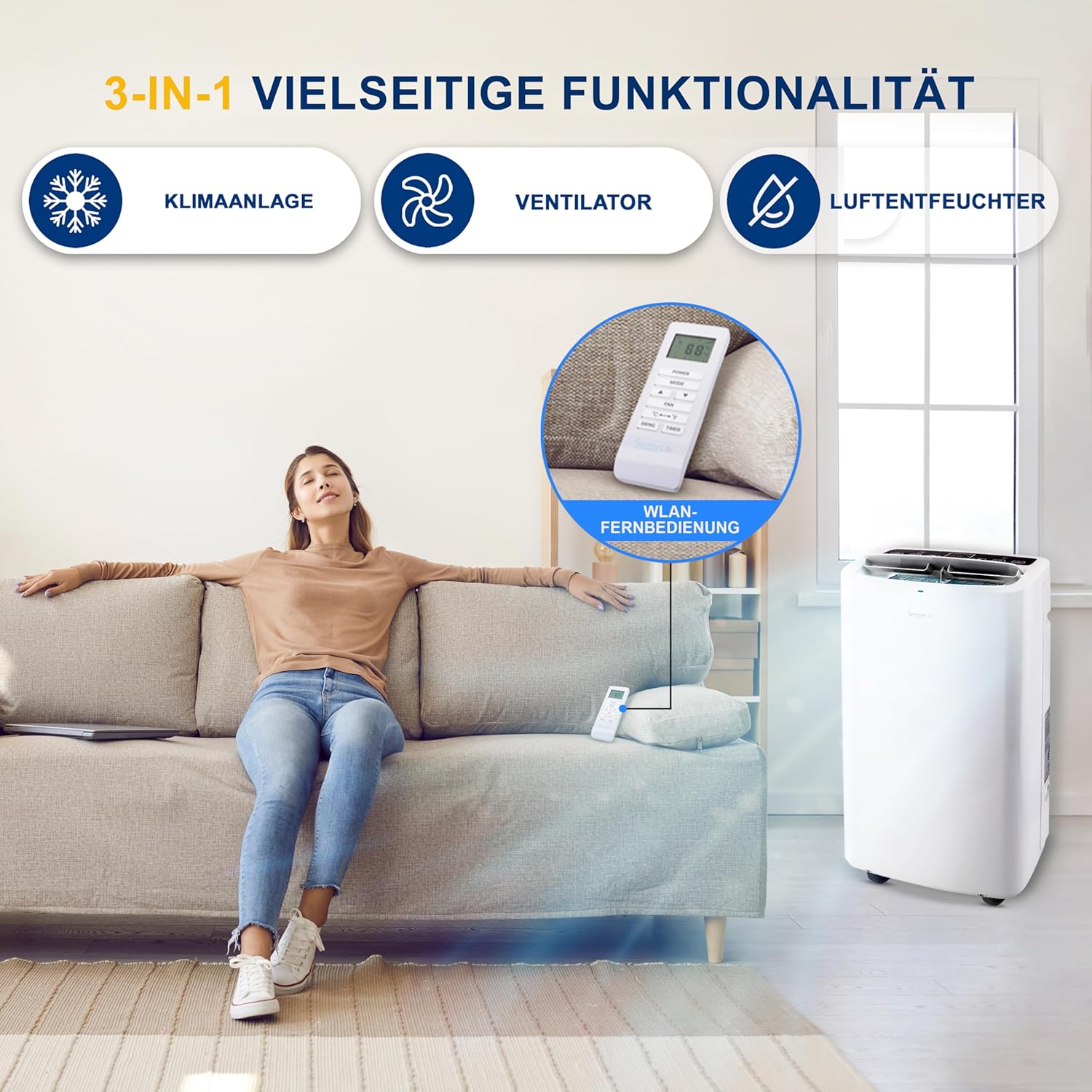 SereneLife Mini Klimaanlage mobil, 3-in-1 mobiles Klimagerät mit Abluftschlauch – Luftkühler, Luftentfeuchter & Ventilator, Air conditioner – 9.000 BTU, 1,5L Feuchtigkeit/Stunde, kühlt Räume bis 42 m2