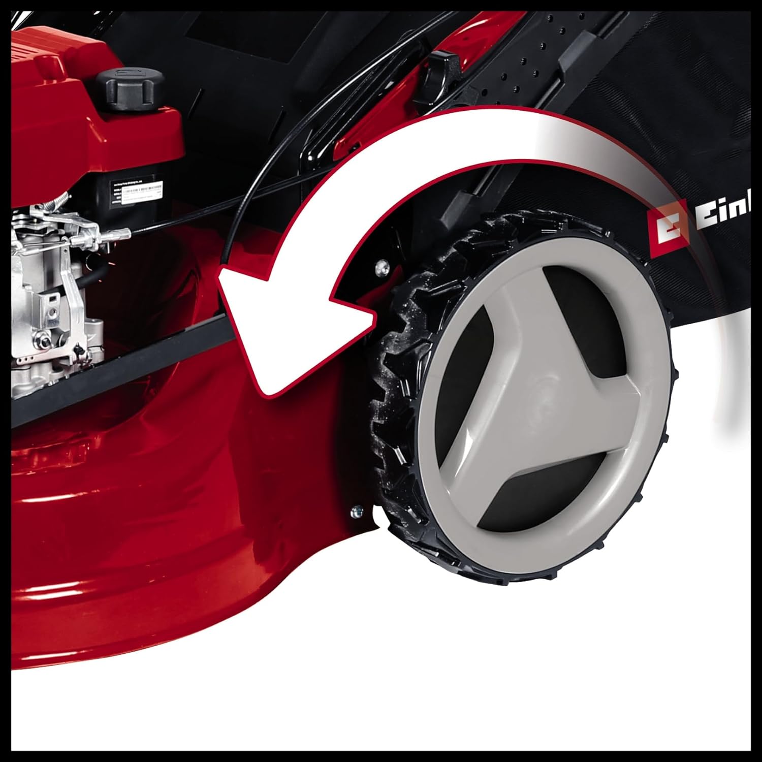 Einhell Benzin-Rasenmäher GC-PM 51/3 S HW-E Li (2.7 kW, 1 Zylinder 4-Takt-Motor, Highwheeler, Startseilzug am Führungsholm, Elektro-Start-Funktion, inkl. 2, 0 Ah Akku und Ladegerät)