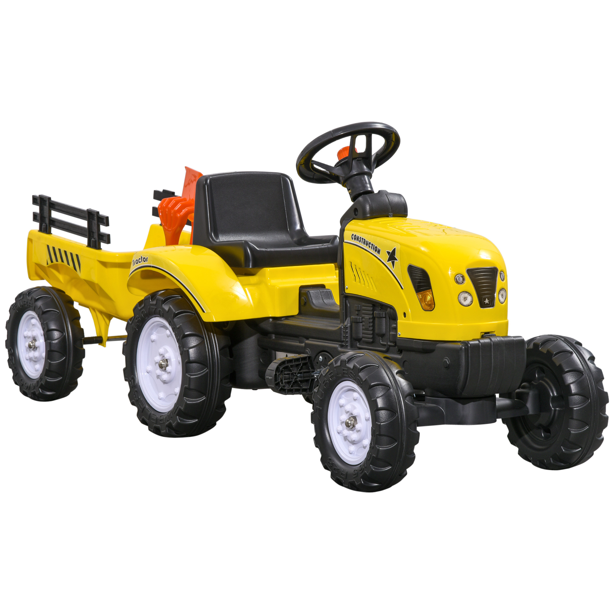 Pedaaltractor met aanhanger, gereedschap, claxon, voor kinderen van 3 jaar en ouder, metalen frame, zwart/geel, 133 x 42 x 51 cm