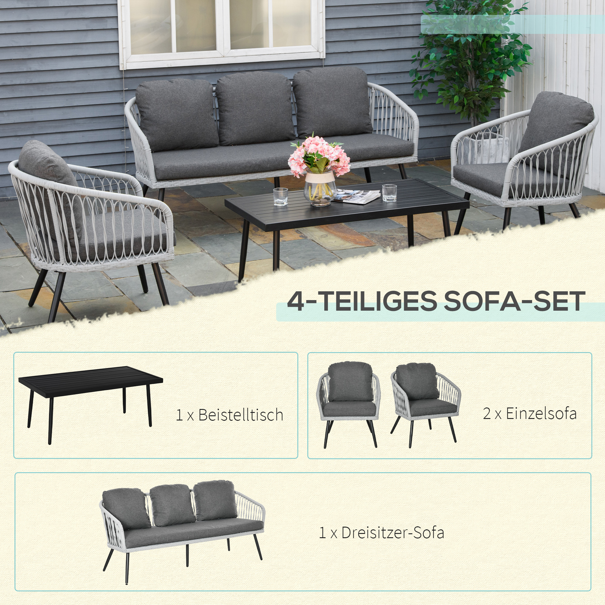 4-delige poly rotan tuinmeubelset grijs