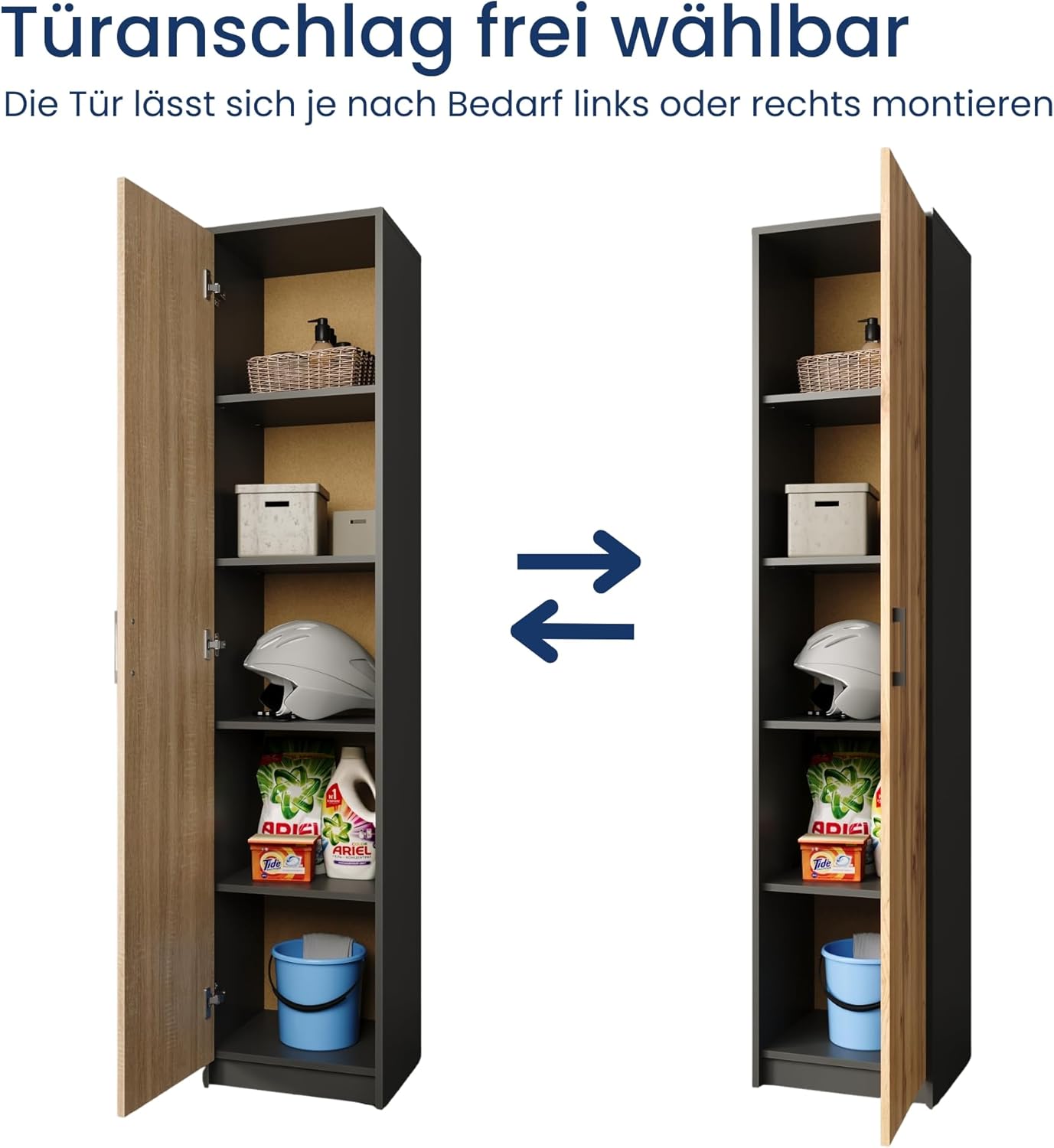Home Collective Regal mit 5 Ebenen in matt Aktenschrank mit 4 Einlegeböden und 1 Tür, Standregal 39 cm breit mit hochwertigen Polymergriffen ideal für Schlafzimmer Wohnzimmer Flur Büro Graphit Eiche