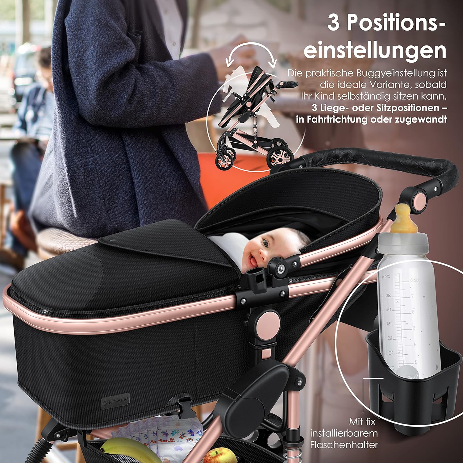 KESSER® Loops 3 in 1 Kinderwagen Kombikinderwagen Komplett-Set inkl. Babywanne & Buggy Sportsitz & Auto-Babyschale Voll-Gummireifen Wickeltasche Regenschutz Kindertisch ECE R129, Schwarz/Champagne