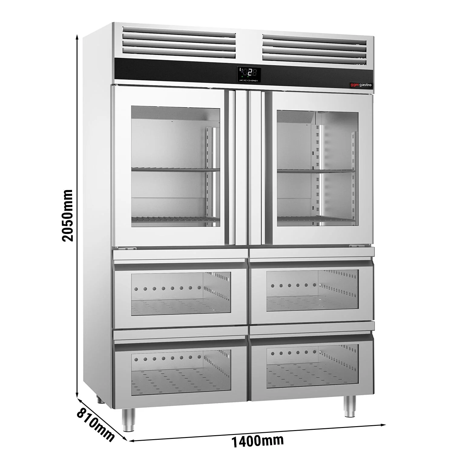 Kjøleskap i rustfritt stål PREMIUM - GN 2/1 - 1 400 l - til +2 °C til +8 °C - med 2 glassdører - LED-belysning, Ventilert kjøling, R290