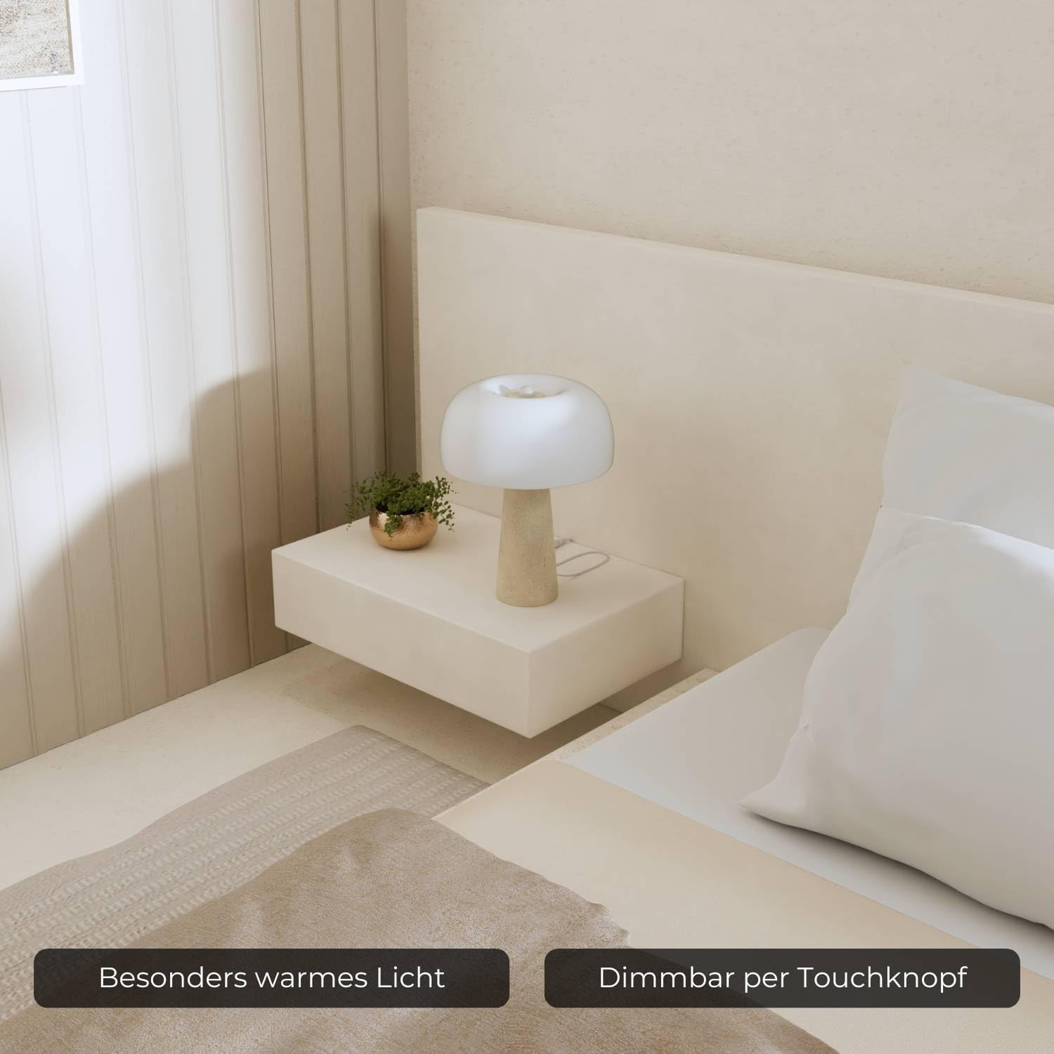 Lyra Design Tischleuchte mit Travertinfuß, LED Tischlampe aus Glas dimmbar 2200 K warmweiß