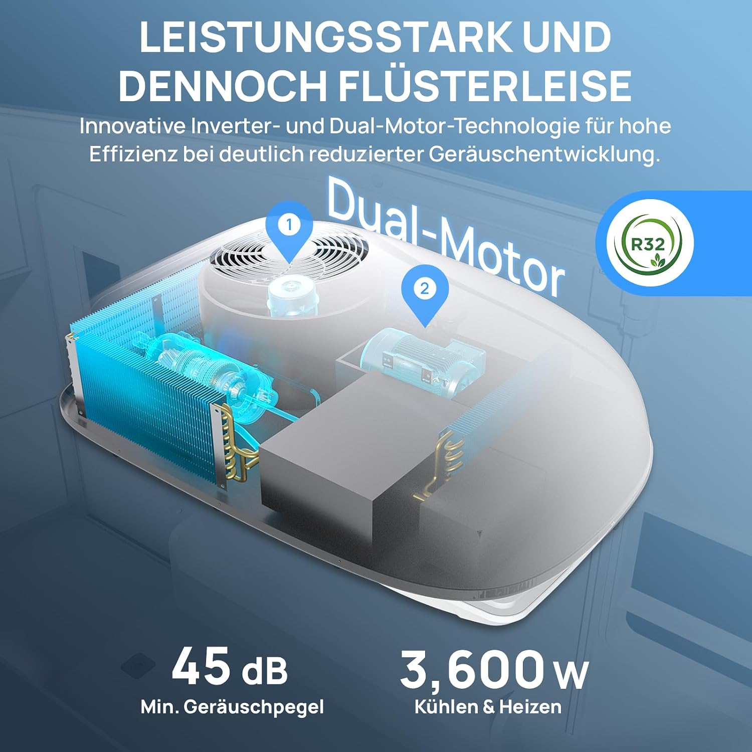 TURBRO Wechselrichter-Klimaanlage ​​für Wohnmobile​​ mit Wärmepumpe, 3,600 W Dachgerät ohne Kanäle und Deckenmontage mit Ambiente-Leuchte, leiser Betrieb, 220-240V AC, Fernbedienung & WLAN, weiß