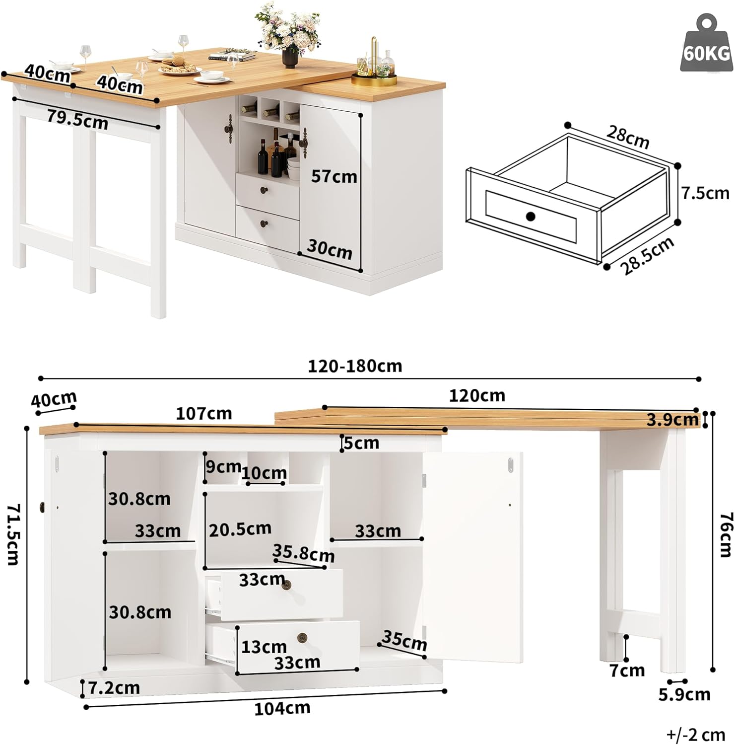 Kebnor Hochwertiger Ausziehbarer Bartisch mit 360° Drehfunktion und Stauraum, Längenverstellbar von 120-180cm, Wohnzimmer, Esszimmer, Homeoffice, schwarzer ausziehbarer Design-Stehtisch, Weiß