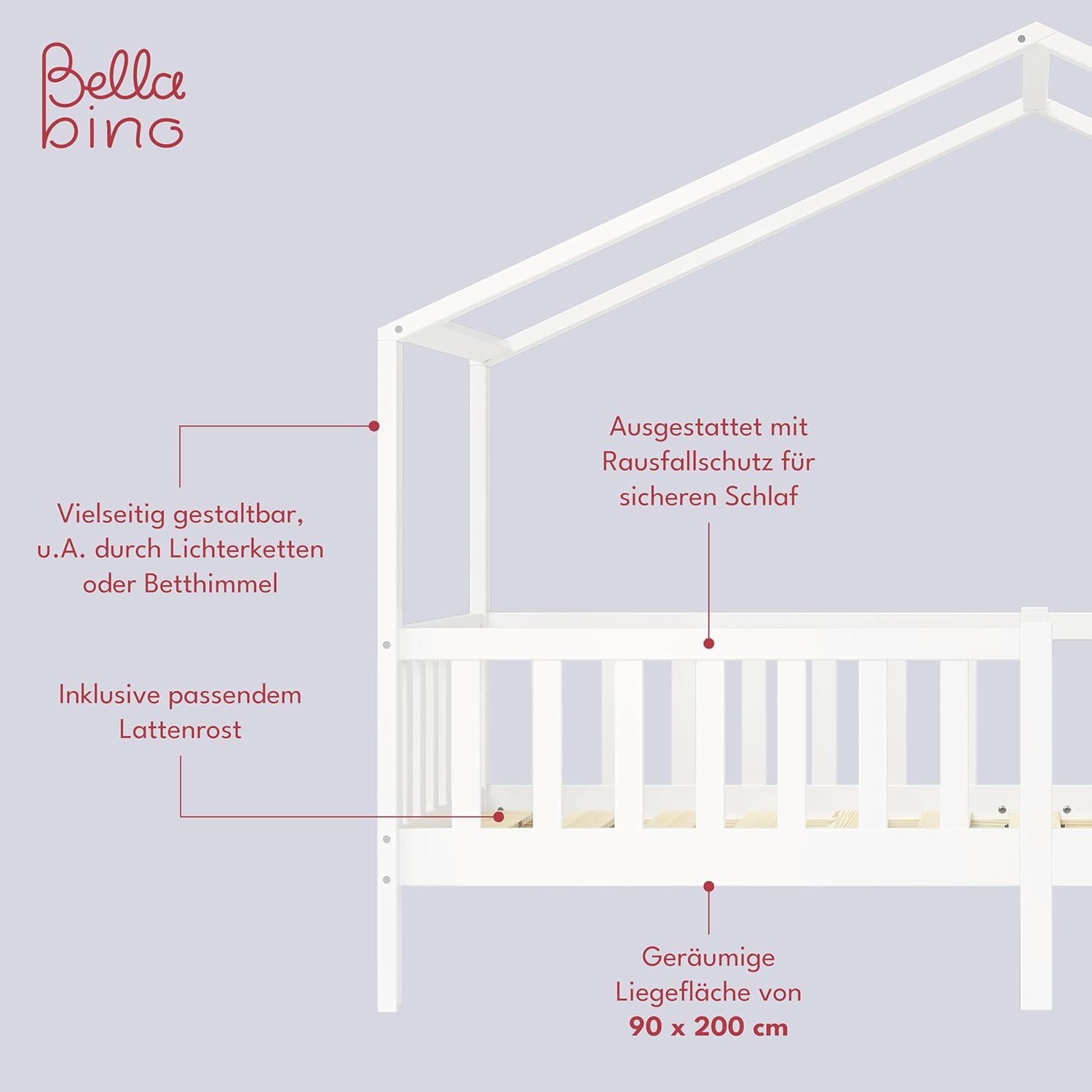 Bellabino Kinderbett Bia 140x200 cm, Hausbett Kinder inkl. Rausfallschutz und Rolllattenrost, Montessori Bodenbett weiß aus Massivholz Kiefer