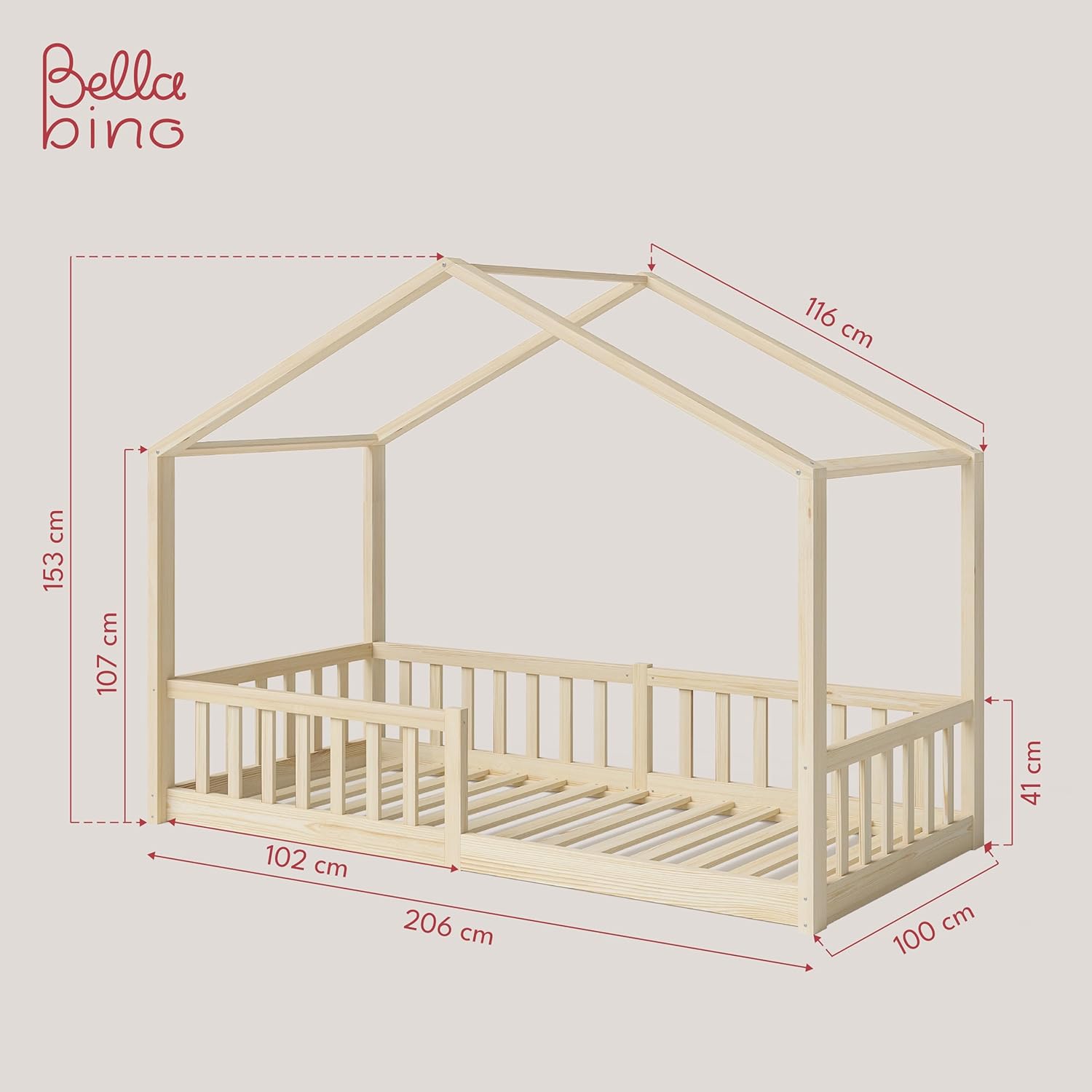 Bellabino Kinderbett Bia 140x200 cm, Hausbett Kinder inkl. Rausfallschutz und Rolllattenrost, Montessori Bodenbett weiß aus Massivholz Kiefer