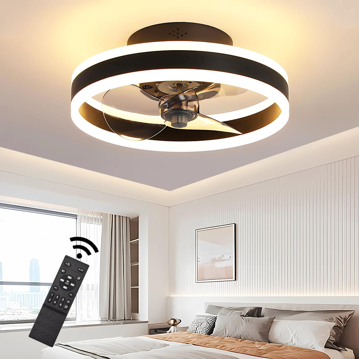 Ventilateur de plafond moderne à LED avec lumières et télécommande, silencieux et à intensité variable, réversible, 3 couleurs, 6 vitesses, ventilateur de plafond intelligent pour salon, chambre à