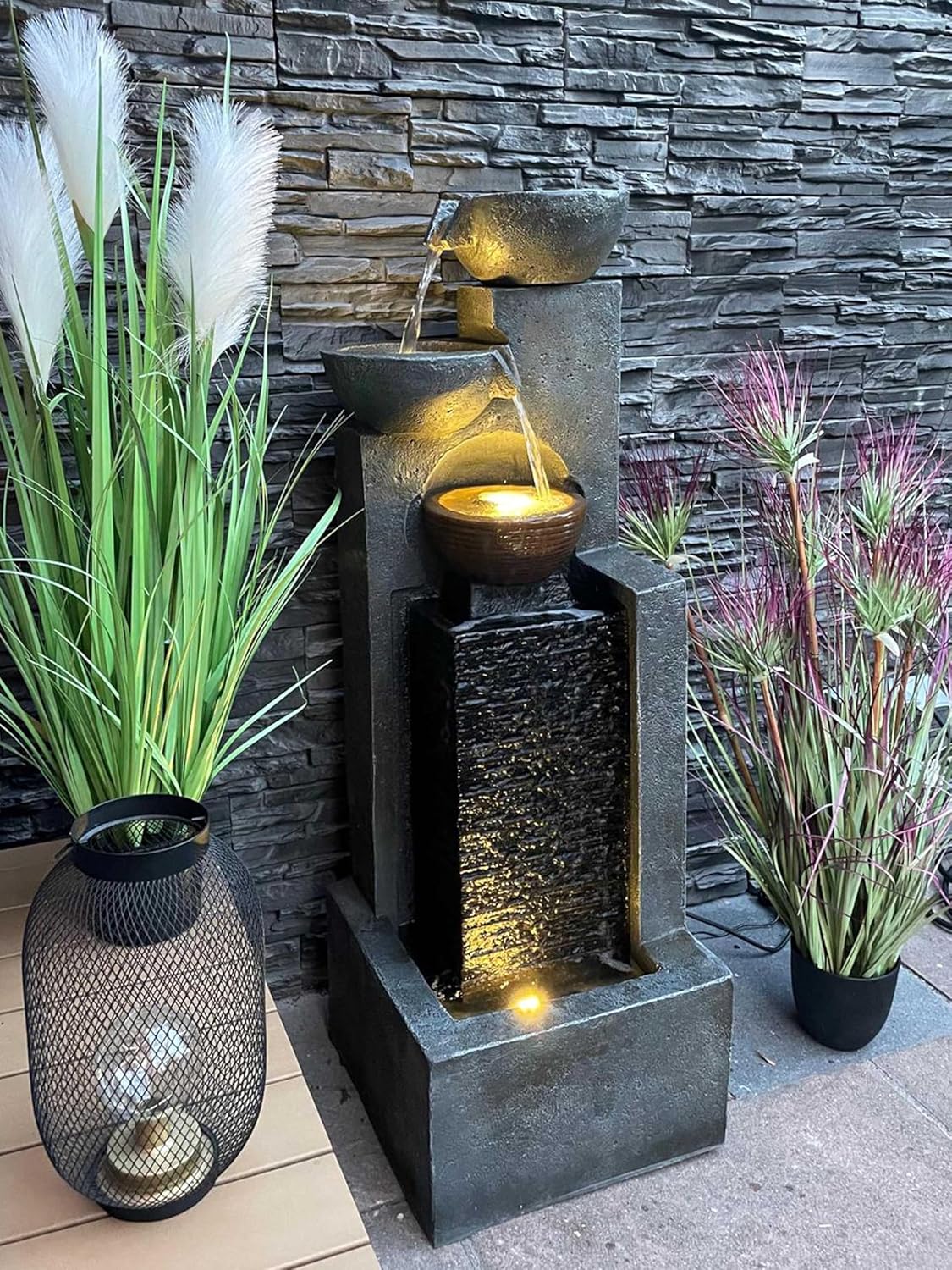 Arnusa Gro?er Gartenbrunnen mit LED Beleuchtung Springbrunnen Kaskade Wasserspiel Gartendekoration, Schwarz, Grau