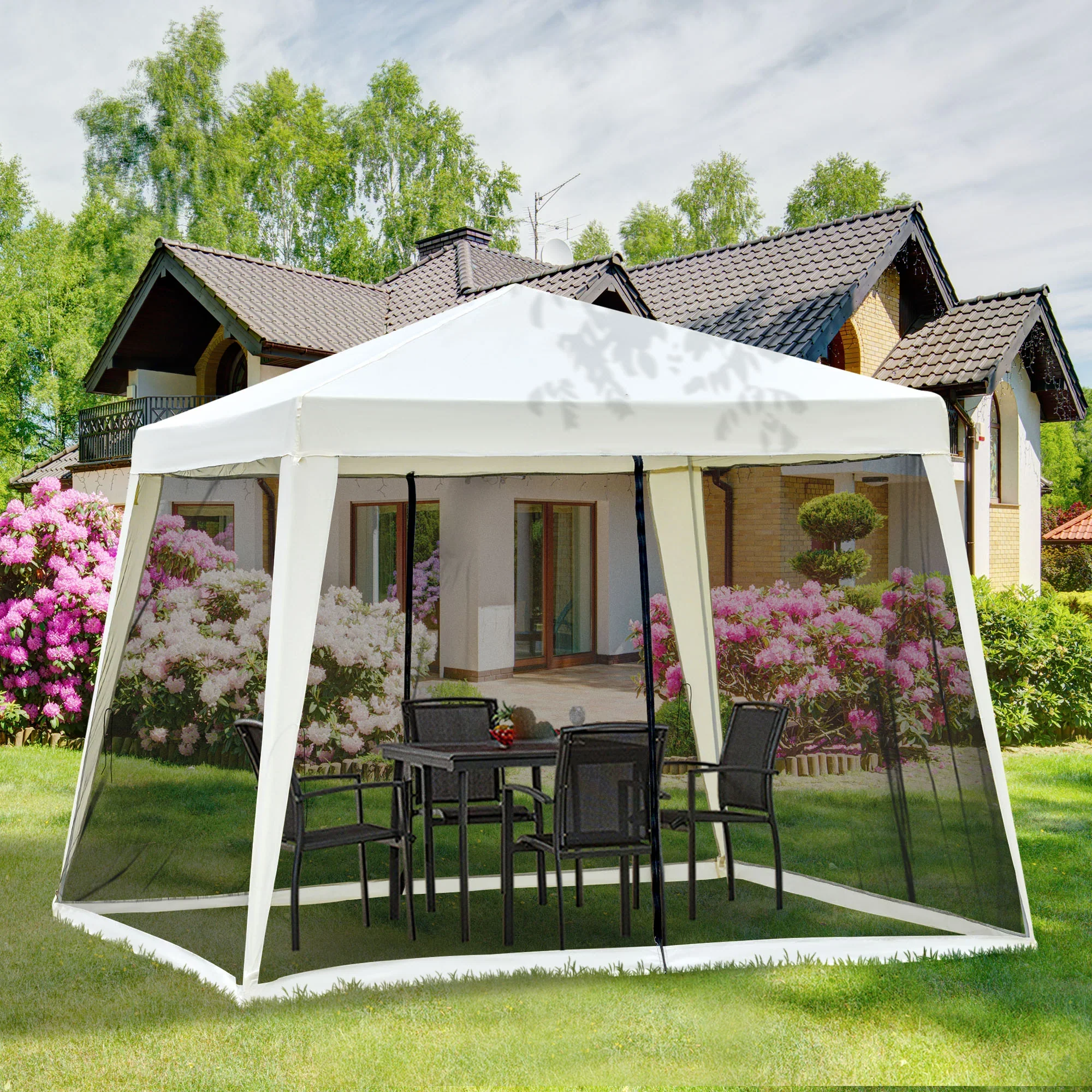 Outsunny Tuinpaviljoen met muskietennet waterafstotend cr��mewit