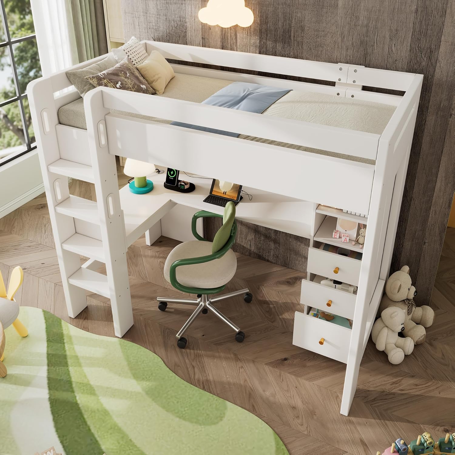 Hochbett Kinderbett 90×200 cm mit Schreibtisch und USB-C, Bett mit Regal und Schubladen Stauraum, Etagenbett mit Leiter, Holzbett mit Rausfallschutz und Lattenrost aus Holz, Weiß, Ohne Matratze