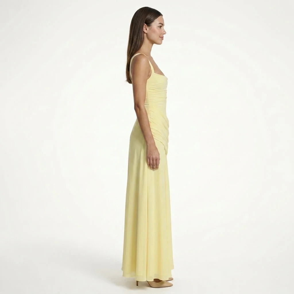 Damen Maxikleid mit Carr��-Ausschnitt und Raffung | Bodenlanges Abendkleid f��r Hochzeitsg?ste und festliche Anl?sse