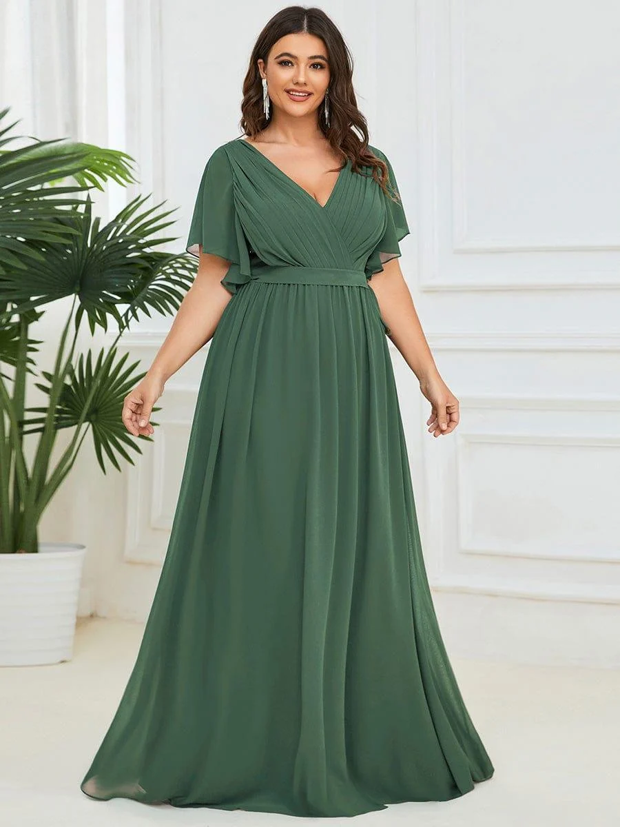 Abendkleid Damen Maxi A-Linie aus Chiffon | Festliches Kleid f��r Hochzeitsg?ste mit V-Ausschnitt und Fl��gel?rmeln
