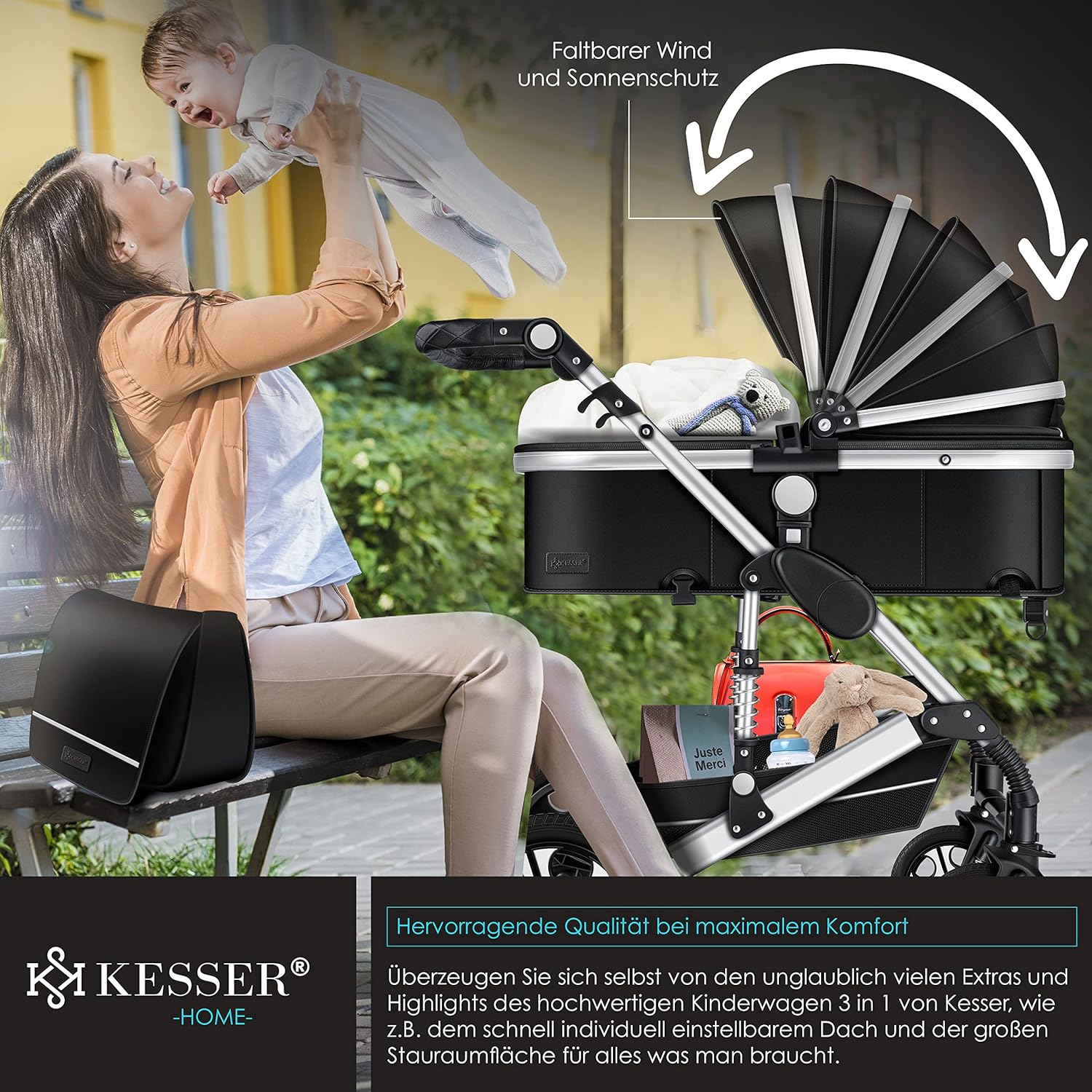 KESSER® Loops 3 in 1 Kinderwagen Kombikinderwagen Komplett-Set inkl. Babywanne & Buggy Sportsitz & Auto-Babyschale Voll-Gummireifen Wickeltasche Regenschutz Kindertisch ECE R129, Schwarz/Champagne