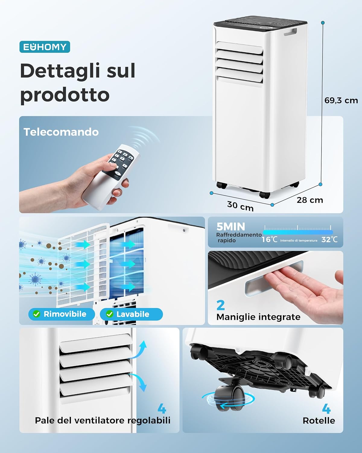 Mobile Klimaanlage 9000 BTU mit Abluftschlauch | 4-in-1 Mobiles Klimagerät | Leiser Betrieb
