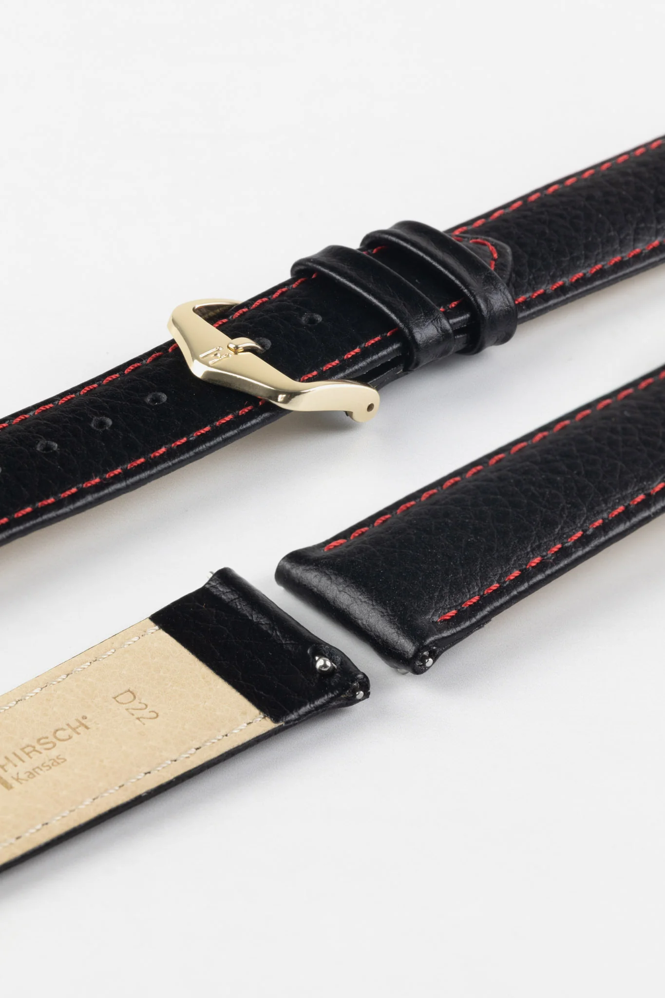 Hirsch KANSAS Buffalo-Embossed Calf Leather Watch Strap in BLACK with Red Stitching