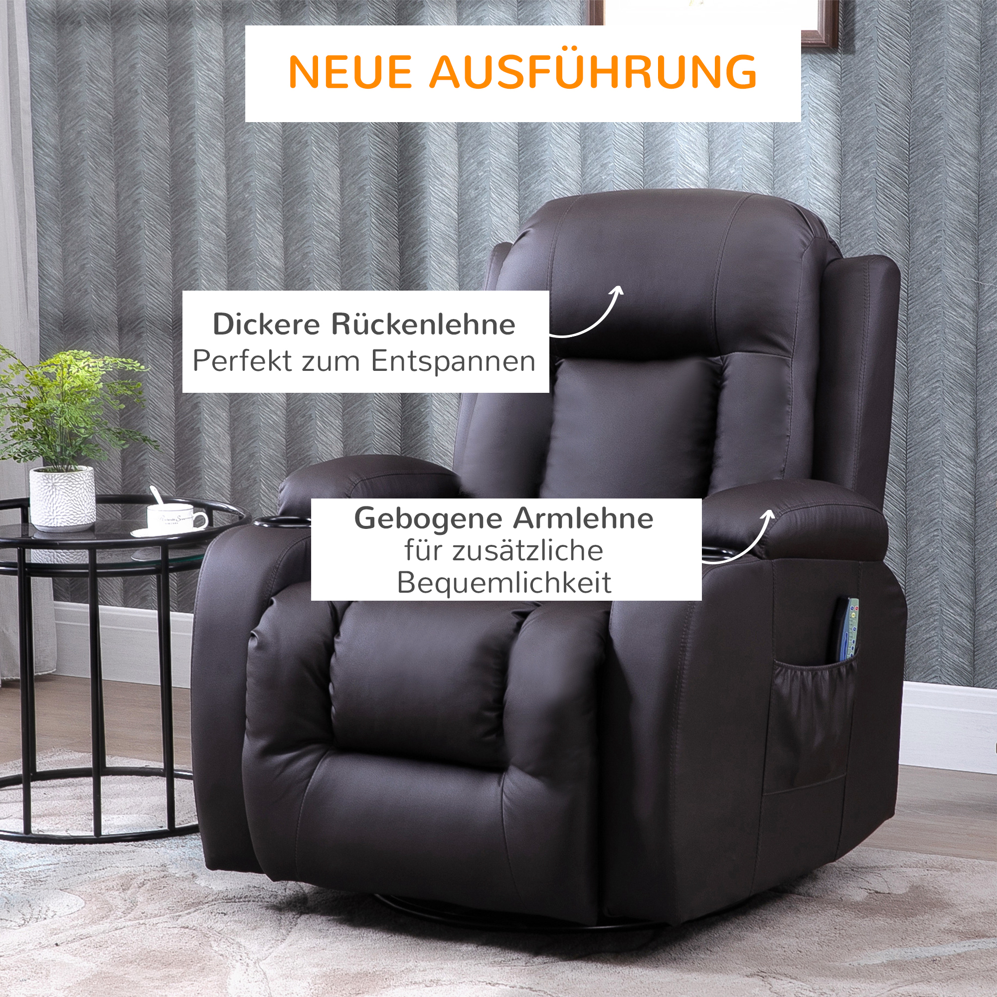 Massagestoel, relaxstoel, schommelfunctie, 8 vibratiepunten, inclusief afstandsbediening, Koffiebruin