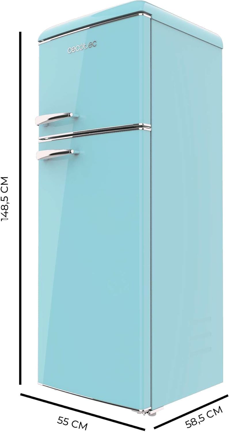 Cecotec Réfrigérateur à deux portes rétro 215 L Bolero CoolMarket 2D Origin 215 Bleu. Hauteur 148,2 cm et largeur 55,2 cm, LED, Poignée chromée, Étagères en verre, Contrôle de la température