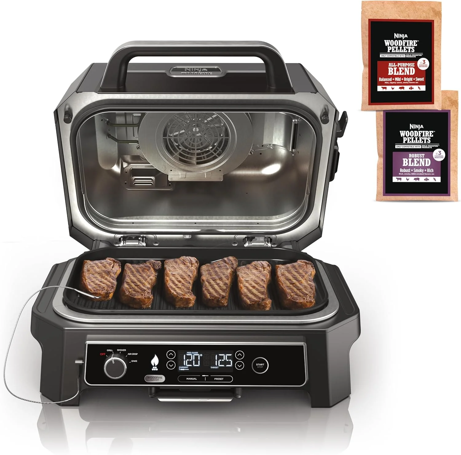 Grill i wędzarnia zewnętrzna Ninja Woodfire Pro XL 2025, termometr, grill Master 4 w 1, wędzarnia BBQ, frytkownica powietrzna na zewnątrz, piekarnik, przenośny, grill elektryczny, ciemnoszary, model OG850