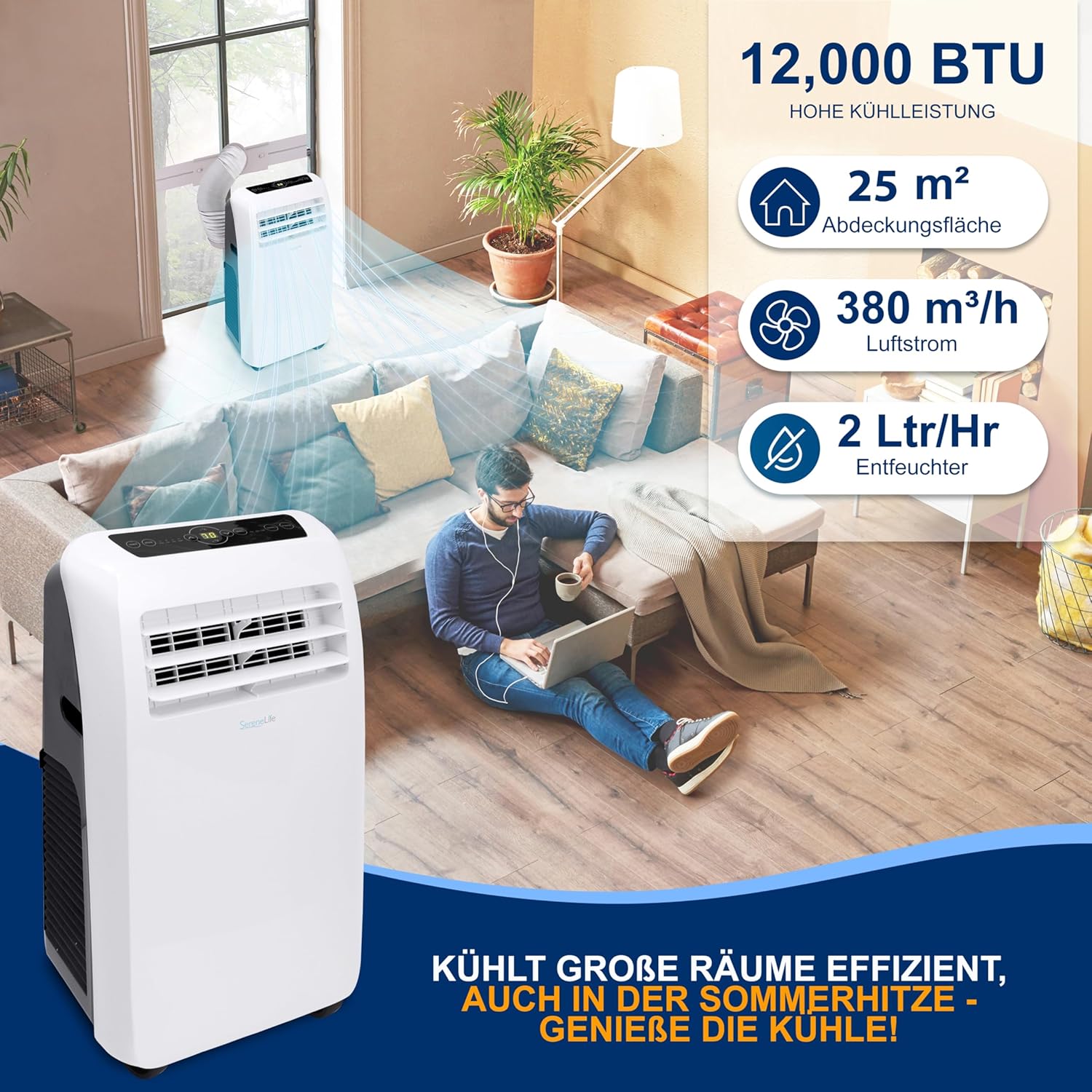 SereneLife Klimaanlage mobil, 3-in-1 mobiles Klimagert mit Abluftschlauch - Luftkühler, Luftentfeuchter & Ventilator, air conditioner 9.000 BTU, 1,5 L Feuchtigkeit/Stunde, kühlt Rume bis 42 m