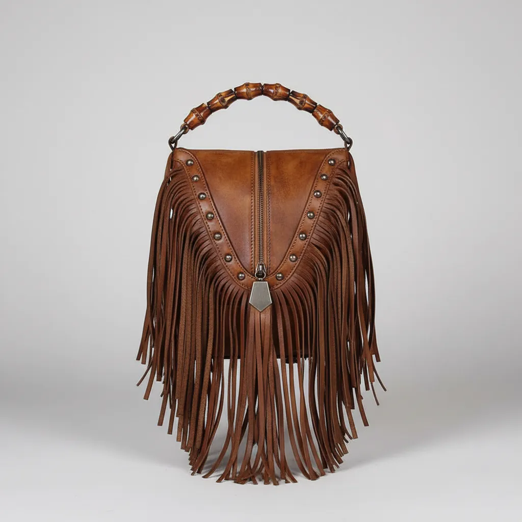 Full Grain Leather Fringe Handbag with Bamboo Handle
