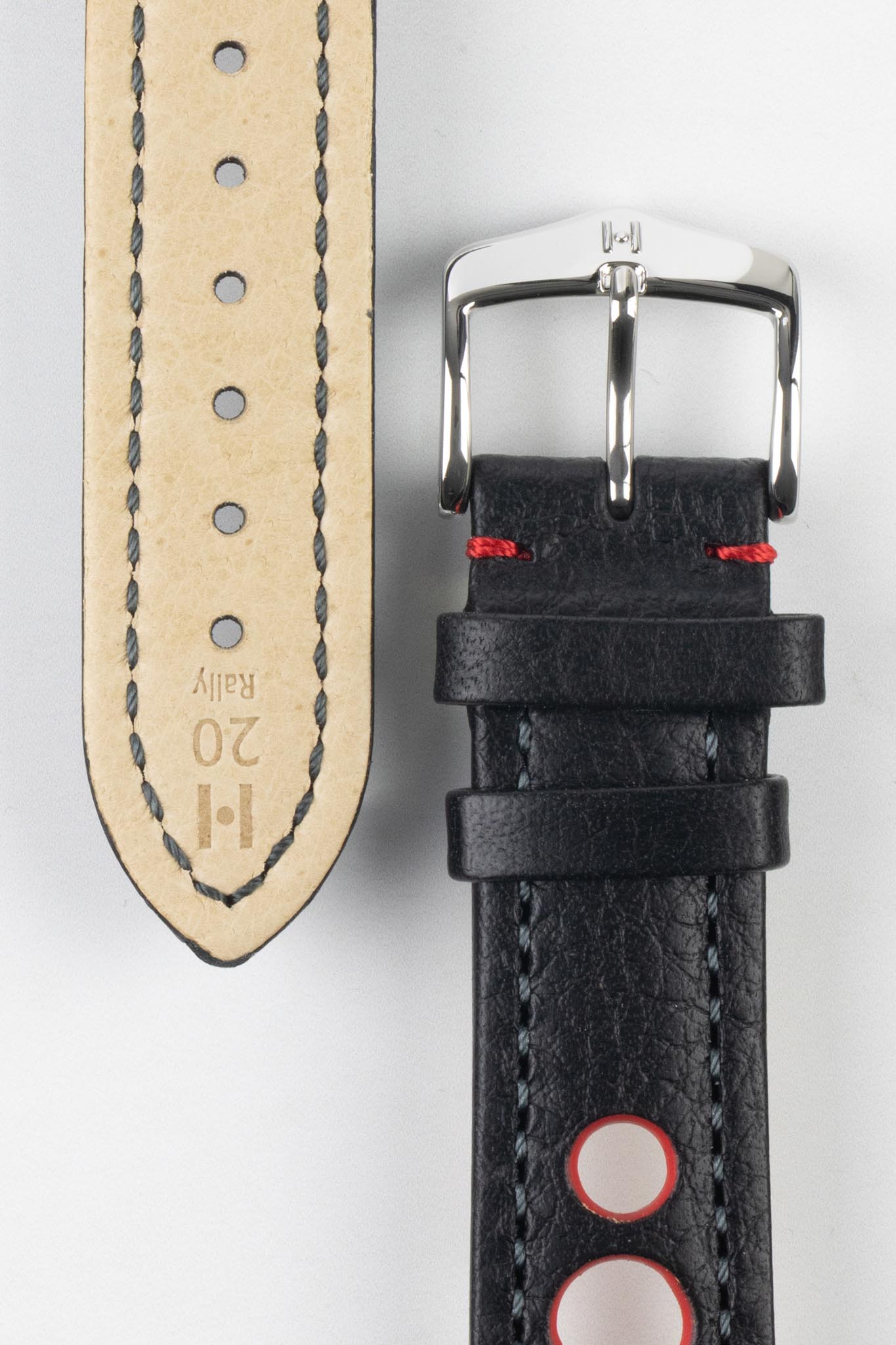 Hirsch RALLY Natural Leather Racing Watch Strap in BLACK / RED