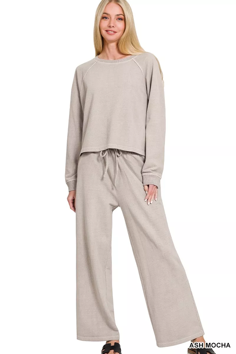 Zenana Washed F/terry Round Neck Pullover & Pants Set