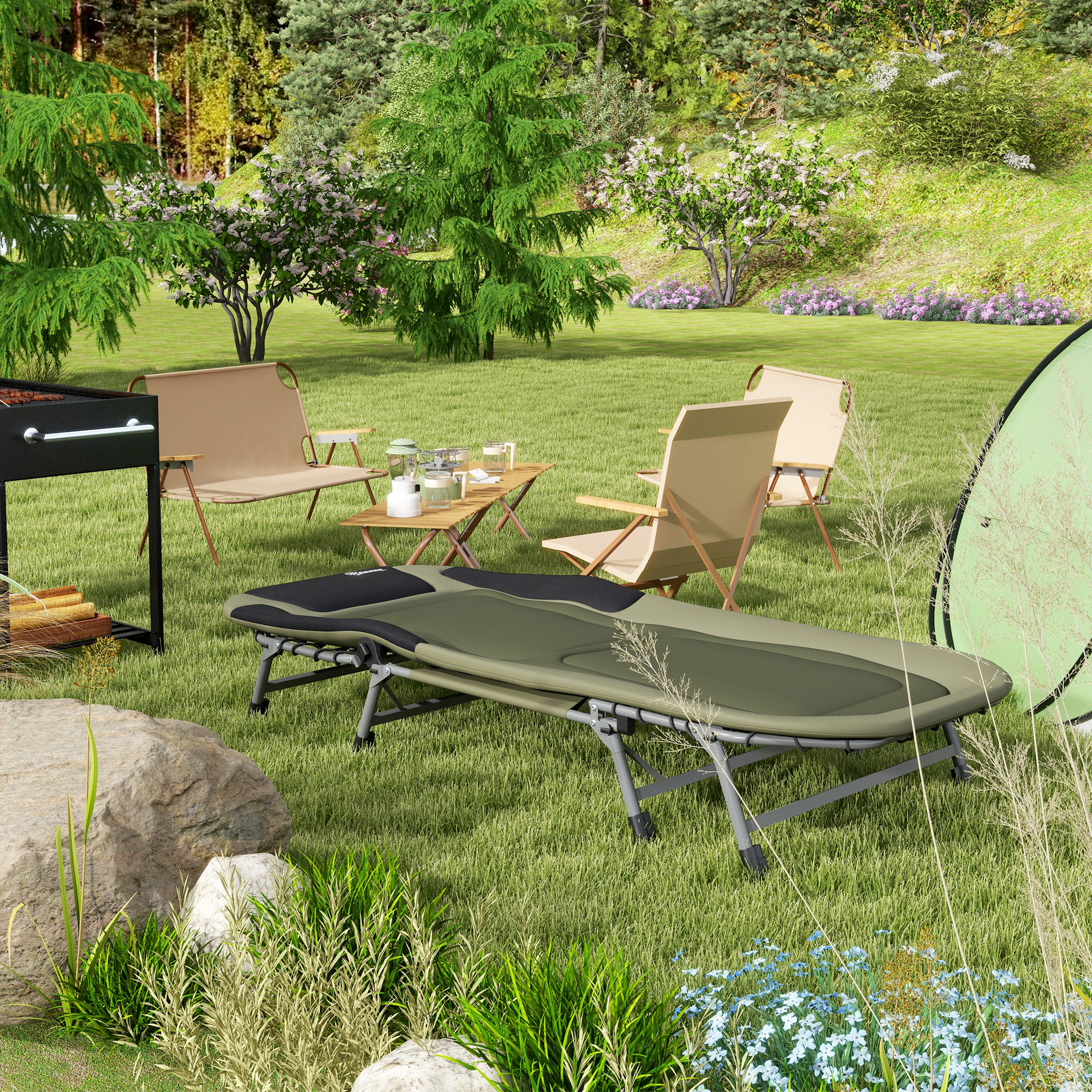 Outsunny Campingbed Ligbed Veldbed, 200 x 85 x 40-55 cm, Waterbestendig Groen