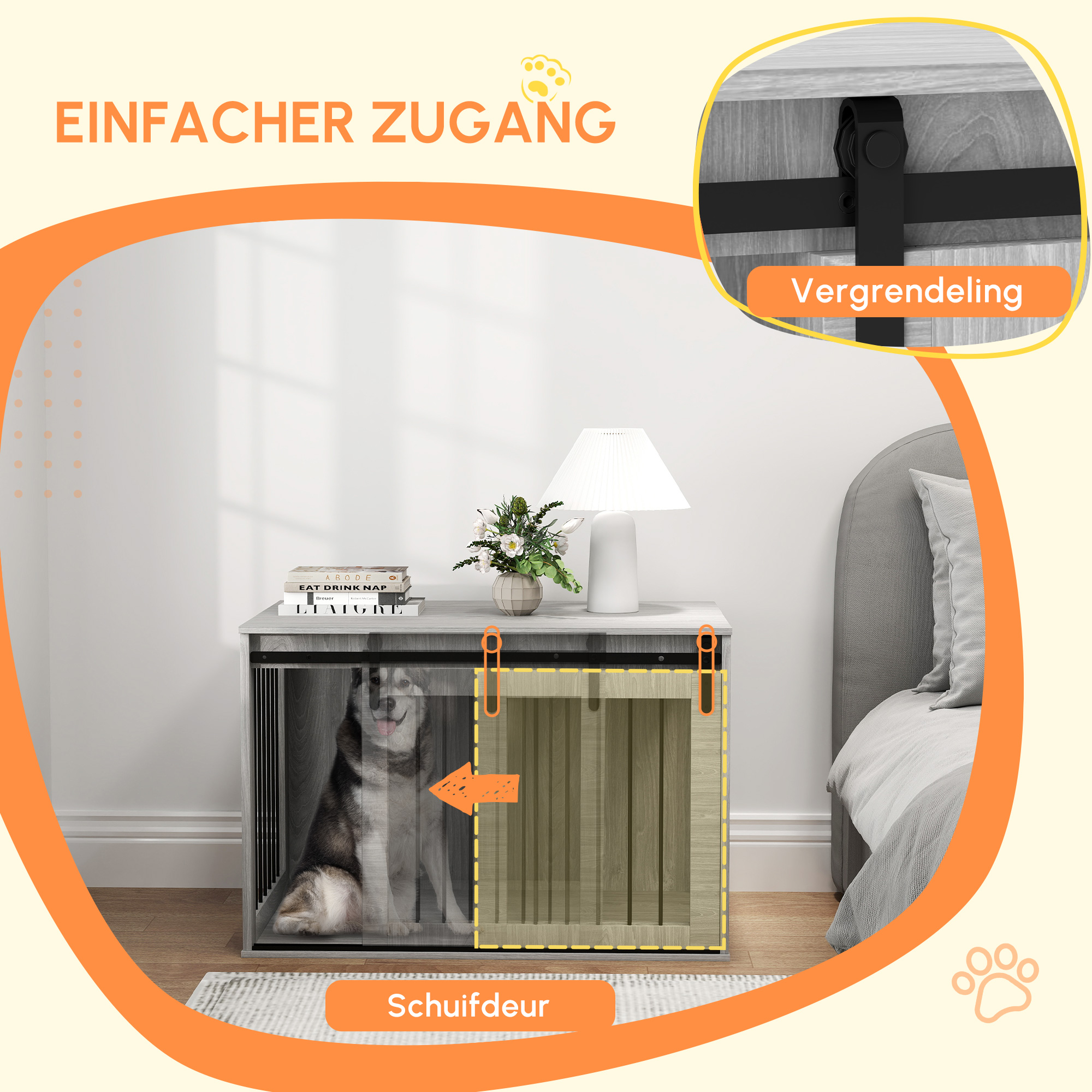 Hondenbench met schuifdeur, ventilatie, spaanplaat en staal, 98 x 58 x 61 cm, Grijs