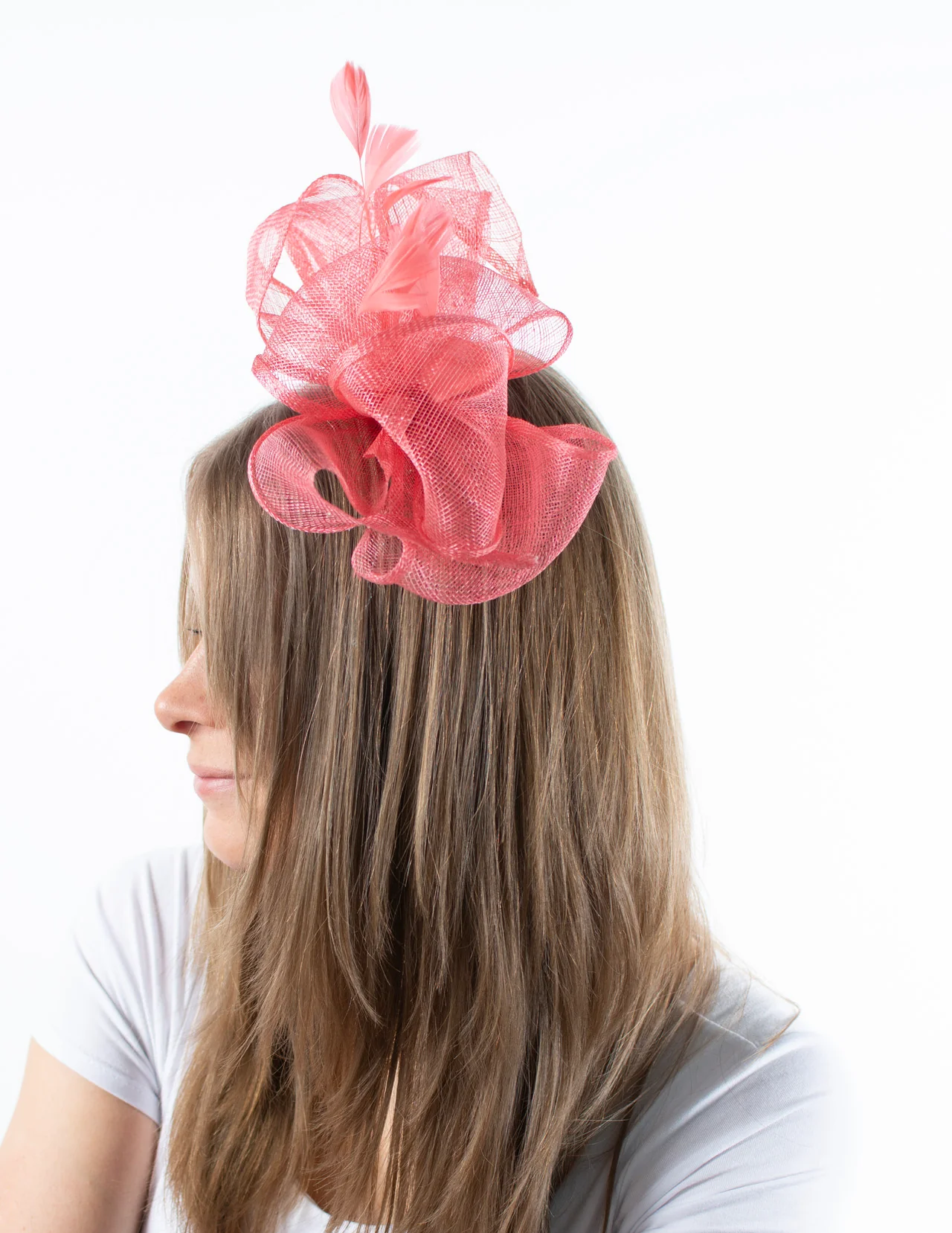 Fascinator | Feather Detail Bow | Coral