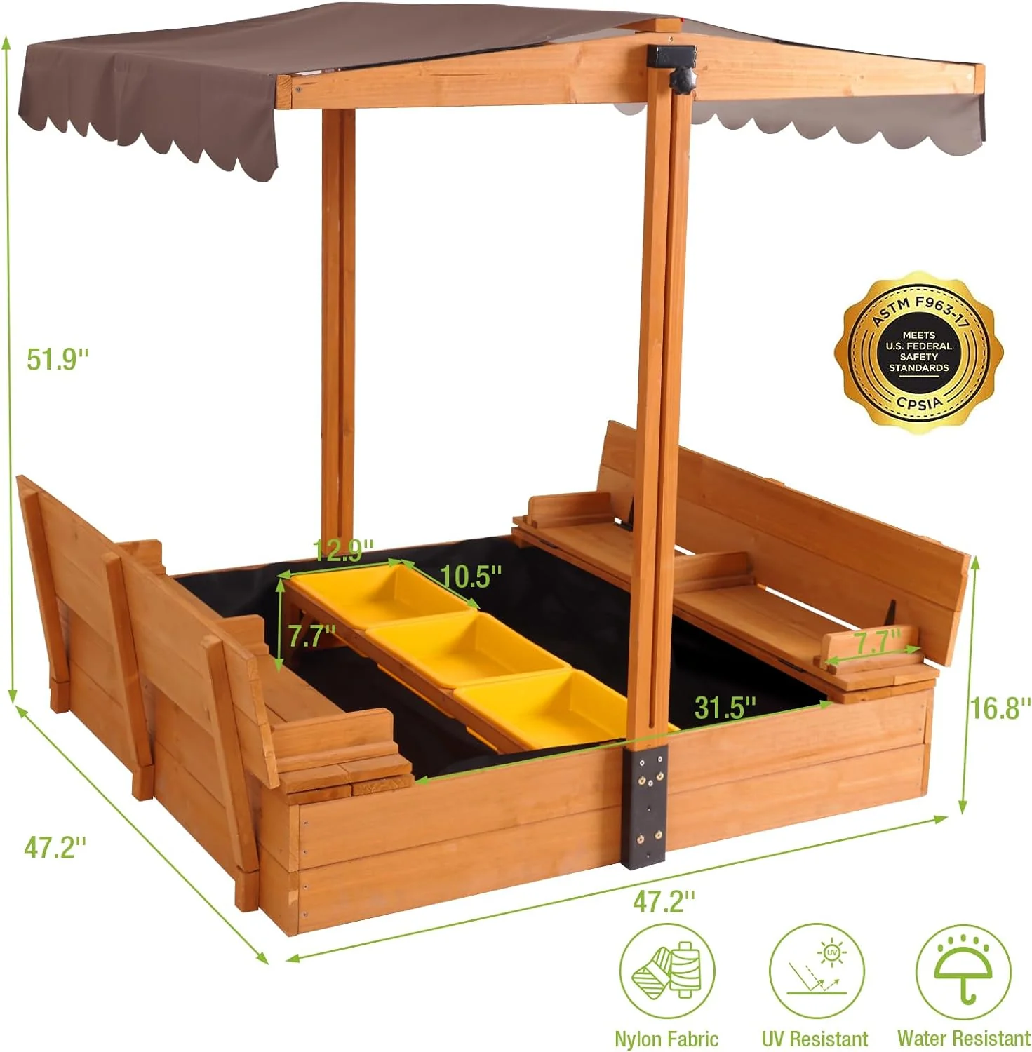 Kids Wooden Outdoor Sandbox w/Canopy. 2 Foldable Bench Seats. Retractable Roof Sand Protection Liner 47x47-Inch