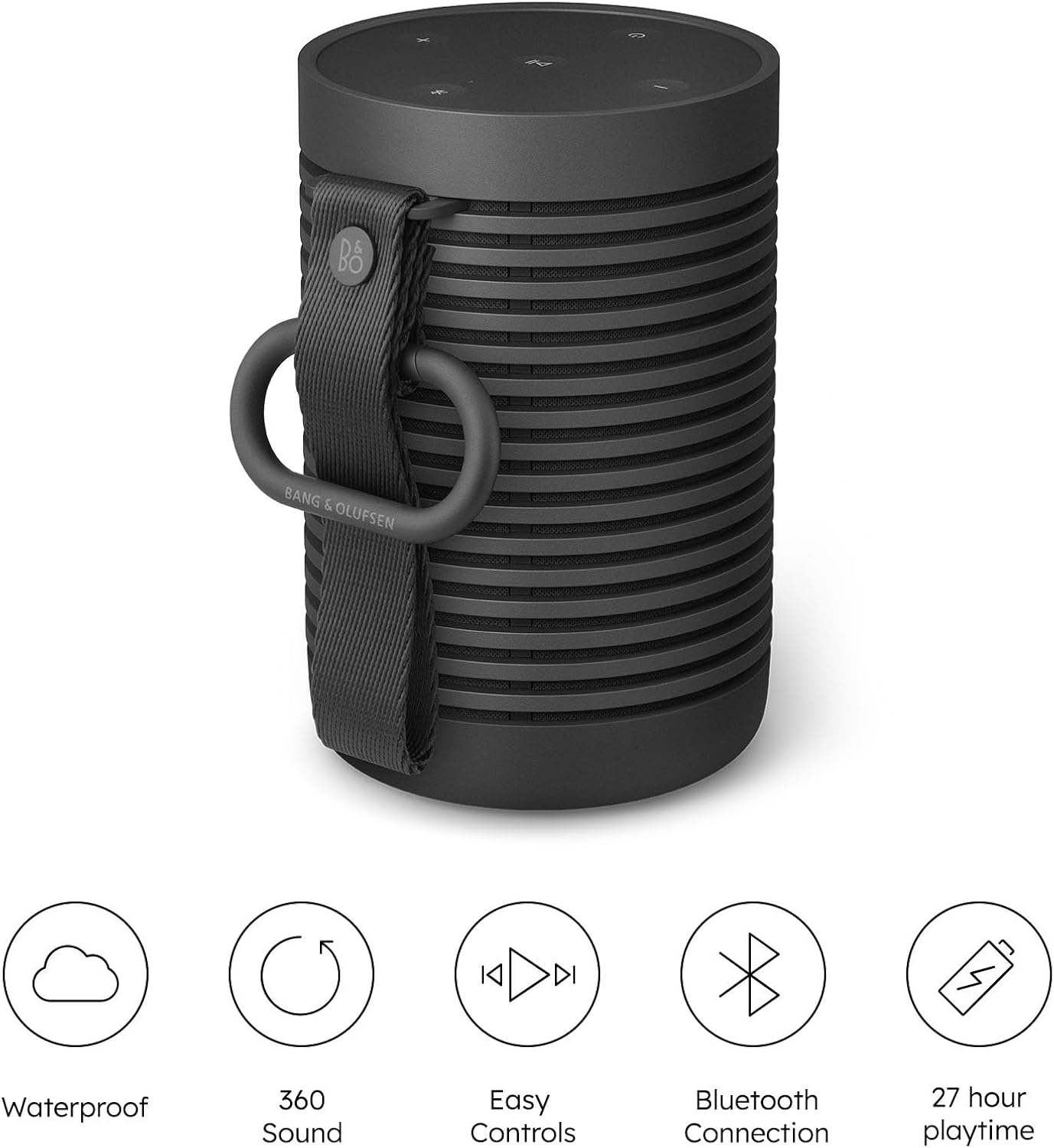 Bang & Olufsen Beosound Explore – Kabelloser tragbarer Bluetooth Outdoor-, Heim- und Reise, 27 Stunden Akkulaufzeit, wasserdichter 360° Lautsprecher + USB-C Ladekabel - Schwarz Anthracite
