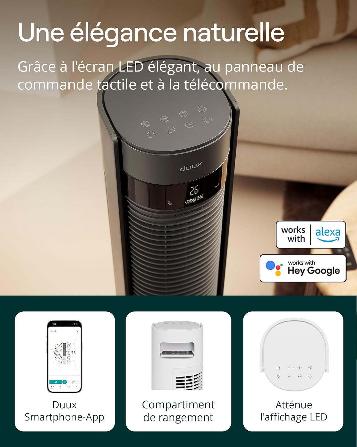 Duux Elevate Smart Ventilateur Tour - 26 Vitesses, 80° Oscillation, Seulement 25dB, Ionisateur, Minuterie (1–12h), Mode Sommeil, Tactile & Télécommande - Ventilateur Silencieux pour Chambre/Bureau