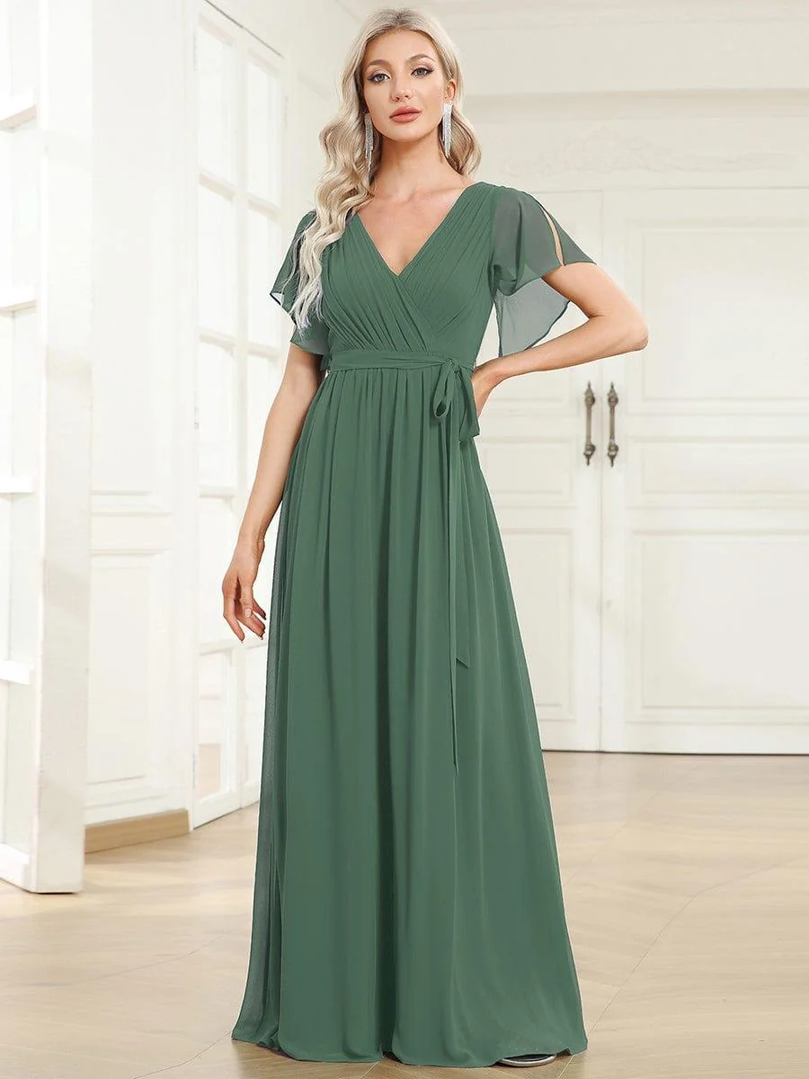 Abendkleid Damen Maxi A-Linie aus Chiffon | Festliches Kleid f��r Hochzeitsg?ste mit V-Ausschnitt und Fl��gel?rmeln