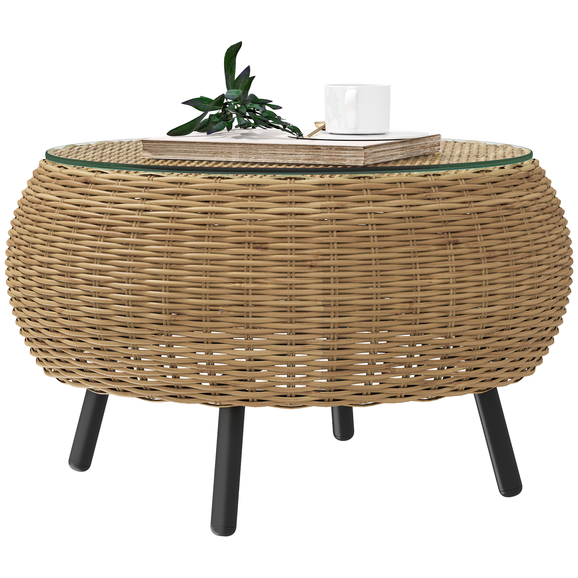 Polyrattan Bijzettafel met Glazen Tafelblad ?75 x 42 cm - Bruin