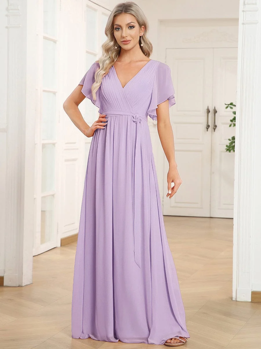 Abendkleid Damen Maxi A-Linie aus Chiffon | Festliches Kleid f��r Hochzeitsg?ste mit V-Ausschnitt und Fl��gel?rmeln