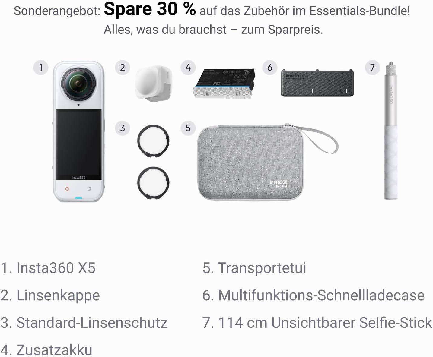 X5 Essentials-Bundle Satinweiß - wasserdichte 8K 360°-Kamera, Führend bei wenig Licht, Unsichtbarer Selfie-Stick-Effekt, robuste & auswechselbare Linsen, 3 h Akku, Integr. Windschutz