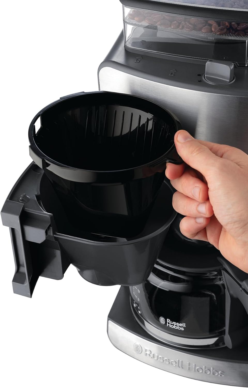Russell Hobbs Kaffeemaschine mit Mahlwerk Glaskanne [Digitaler Timer, Brausekopf für opt. Extraktion & Aroma] Grind&Brew (1 bis 10 Tassen, 3-stufige Mahlgradeinstellung) Filterkaffeemaschine 25610-56