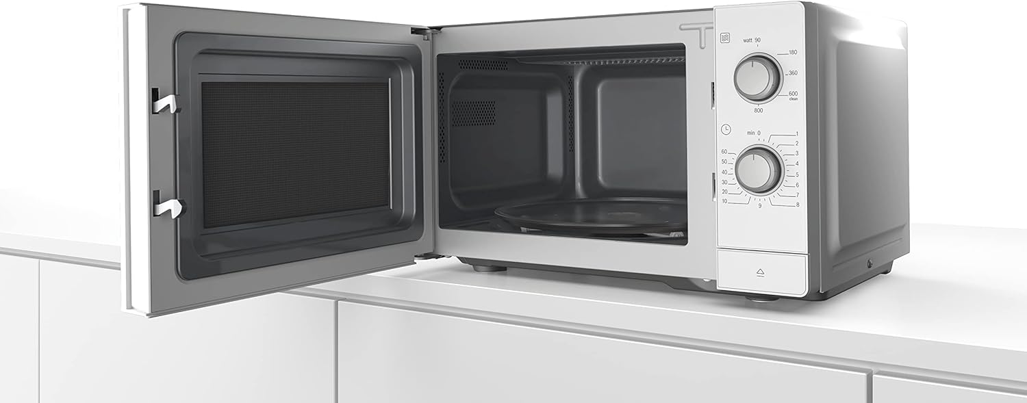 Bosch FFL023MS2 Serie 2 Mikrowelle, 26 x 44 cm, 800 W, Drehteller 27 cm, Türanschlag Links, AutoPilot 7 7 Automatikprogramme, Reinigungsunterstützung, LED-Touchdisplay, Edelstahl