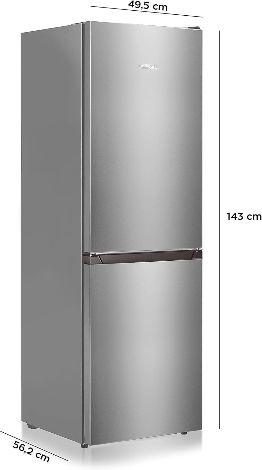 Heinrichs Fridge Freezer Combination 175 Litres, Cooling Volume 122 L, Freezer 53 L, LED Interior Lighting, Fridge Door Hinge, Changeable, Quiet 39 dB, Large Freezer Boxes, 7 Temperature Levels, inox