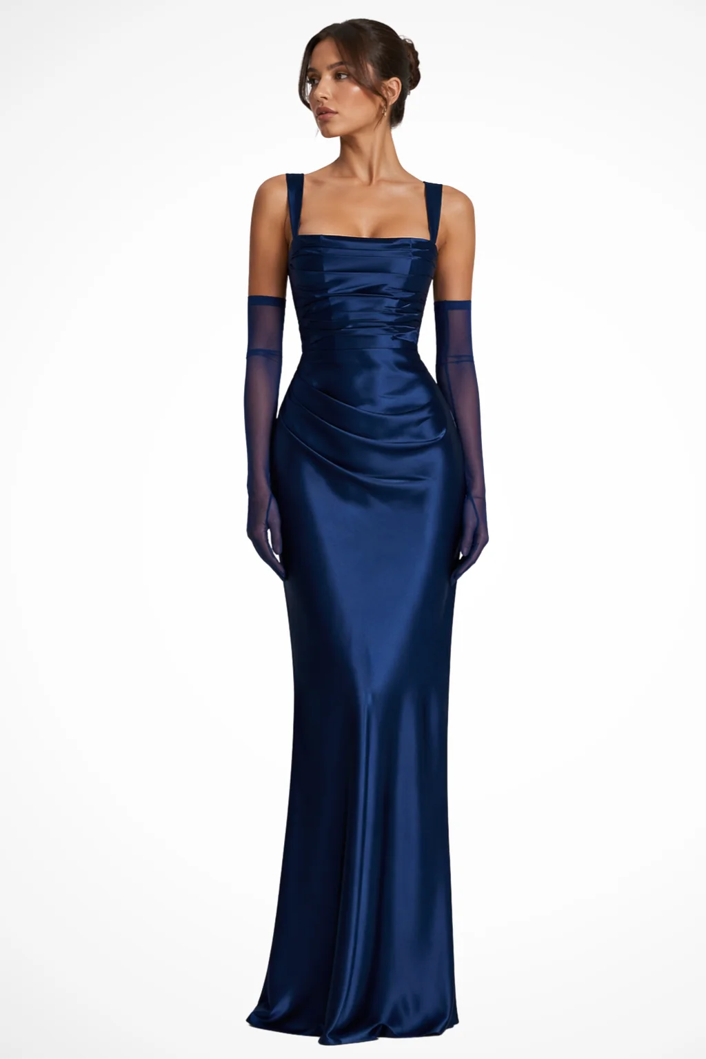 Maxikleid Damen f��r Hochzeitsg?ste mit Carr��-Ausschnitt und Raffung �C Elegantes Abendkleid inklusive Handschuhen und Choker