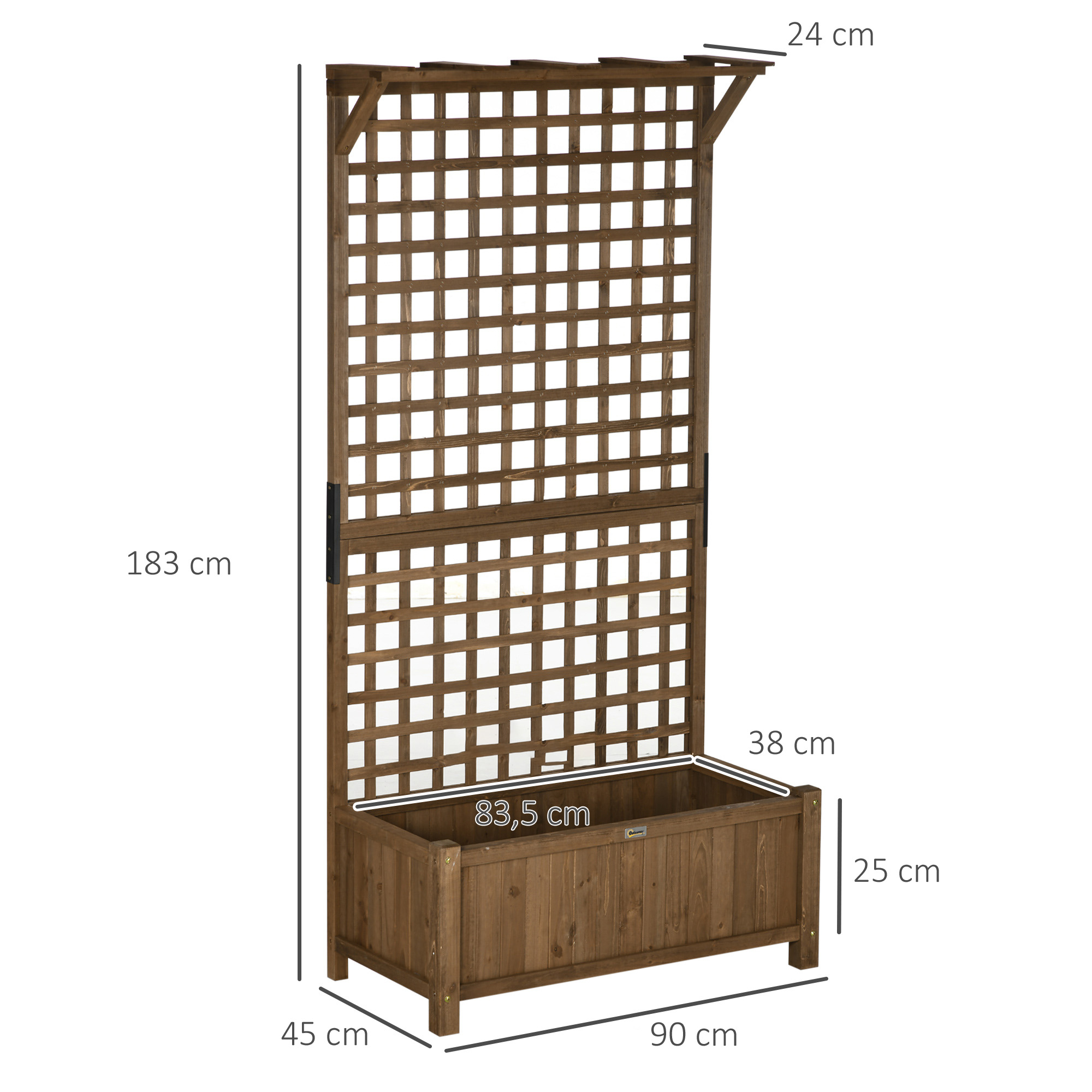 Outsunny Verhoogde plantenbak met trellis en dak, bloembak, bloemenbed, weerbestendig, hout, 90 x 45 x 183 cm, Bruin