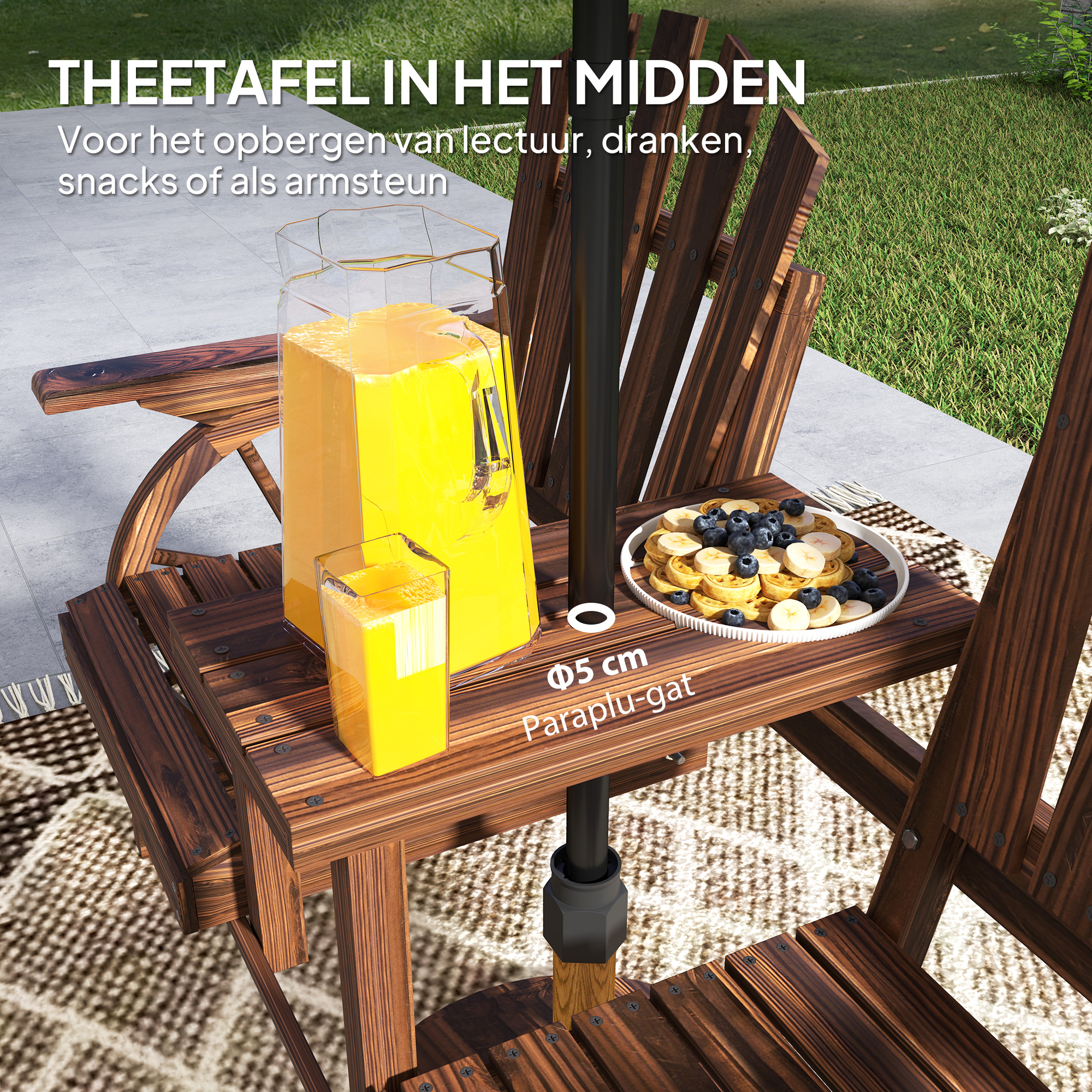 Outsunny Weerbestendige 2-Zits Houten Tuinbank met Paraplugat en Wagenwielpoten, 154 x 65 x 102 cm, Verkoolt