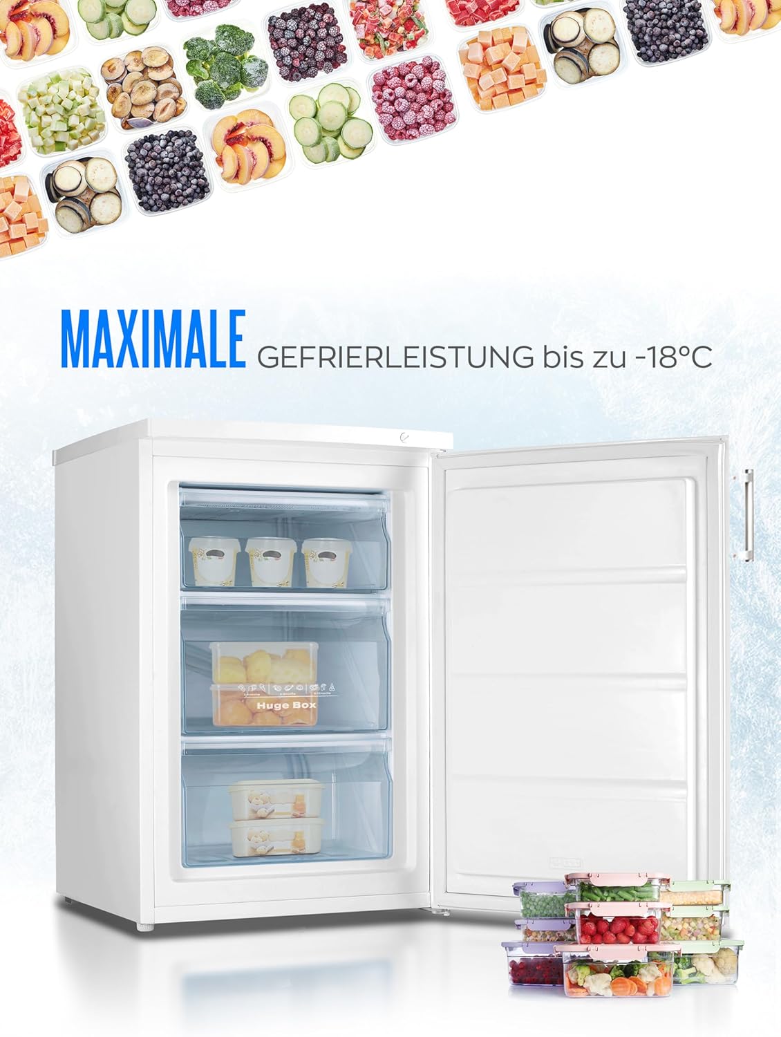 Heinrich´s Gefrierschrank 61Liter -18°C Freezer, 3x Gefrierschublade, 7 Stufen Temperaturregler, Airflow, wechselbarer Türanschlag weiß