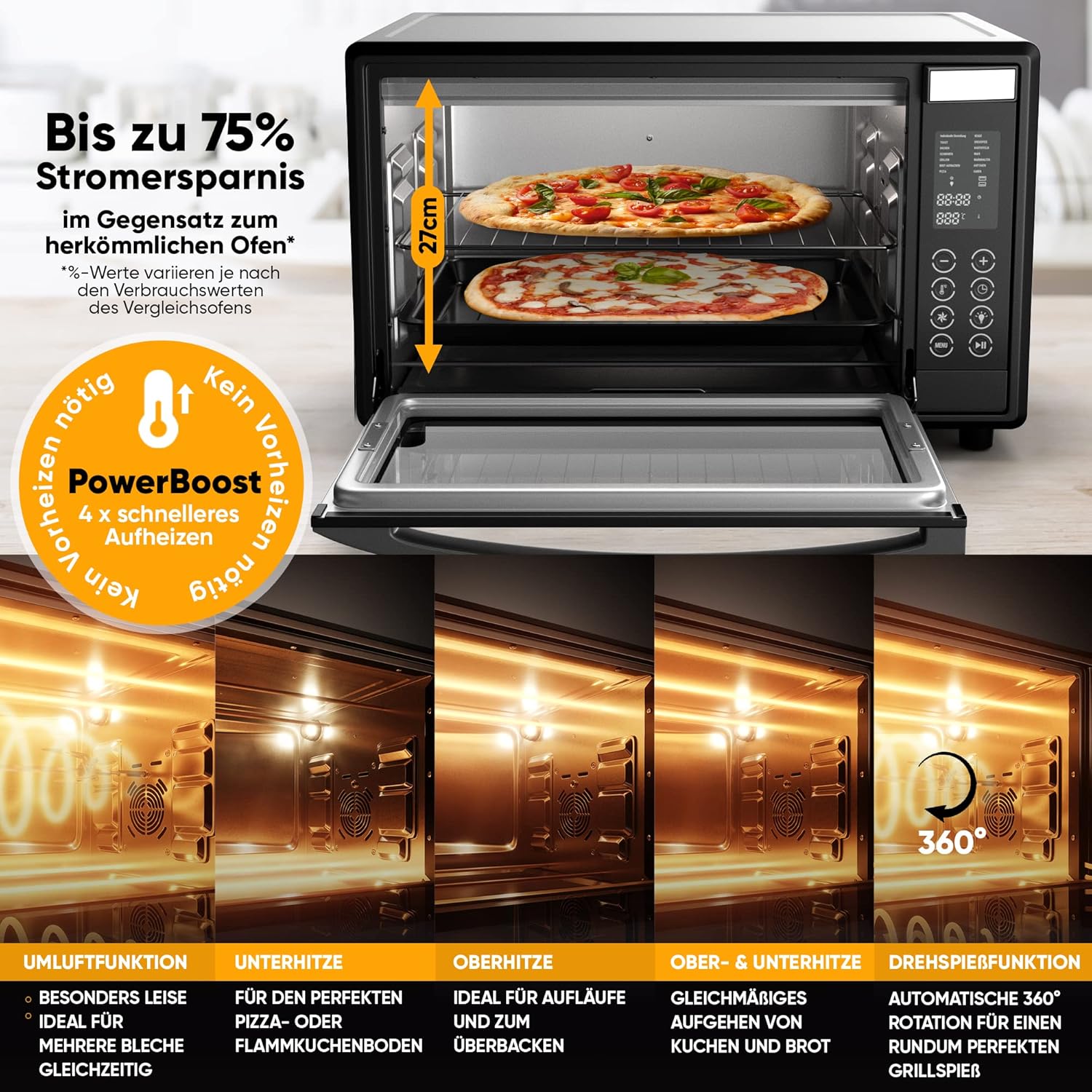 Stillstern Minibackofen mit Umluft (35L) DE Version, Pizza Ø28cm, NEU: CYCLONE PRO+ (Antihaftbeschichtung), 13 Programme, Auftauen&Warmhalten, 8h Timer, Rezeptheft, Mini Backofen Pizzaofen Grill