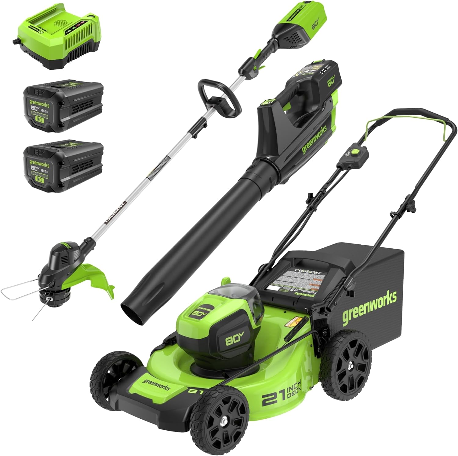 Greenworks 80V 21�� Brushless (Push) Cordless Electric Lawn Mower + (500 CFM) Axial Leaf Blower + 13�� String Trimmer (75+ Compatible Tools)  (2) 2.0Ah Batteries and 30 Minute Rapid Charger