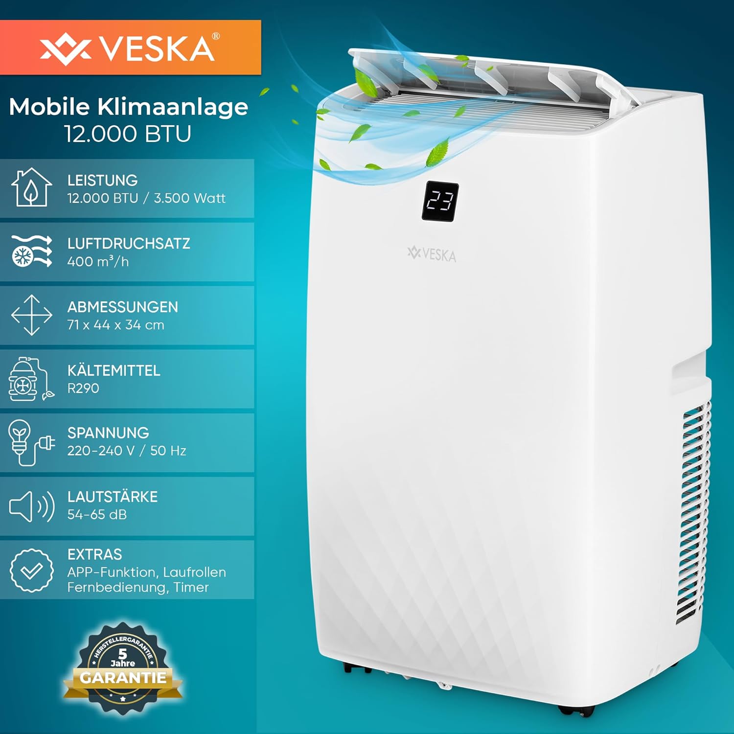 Klimaanlage Mobil 12000 BTU/h (3.500 Watt) - Mobiles Klimagerät 4in1 mit WiFi/App Monoblock Kältemittel - Fernbedienung, 24h-Timer, Luftentfeuchter, Nachtmodus (12000 BTU)