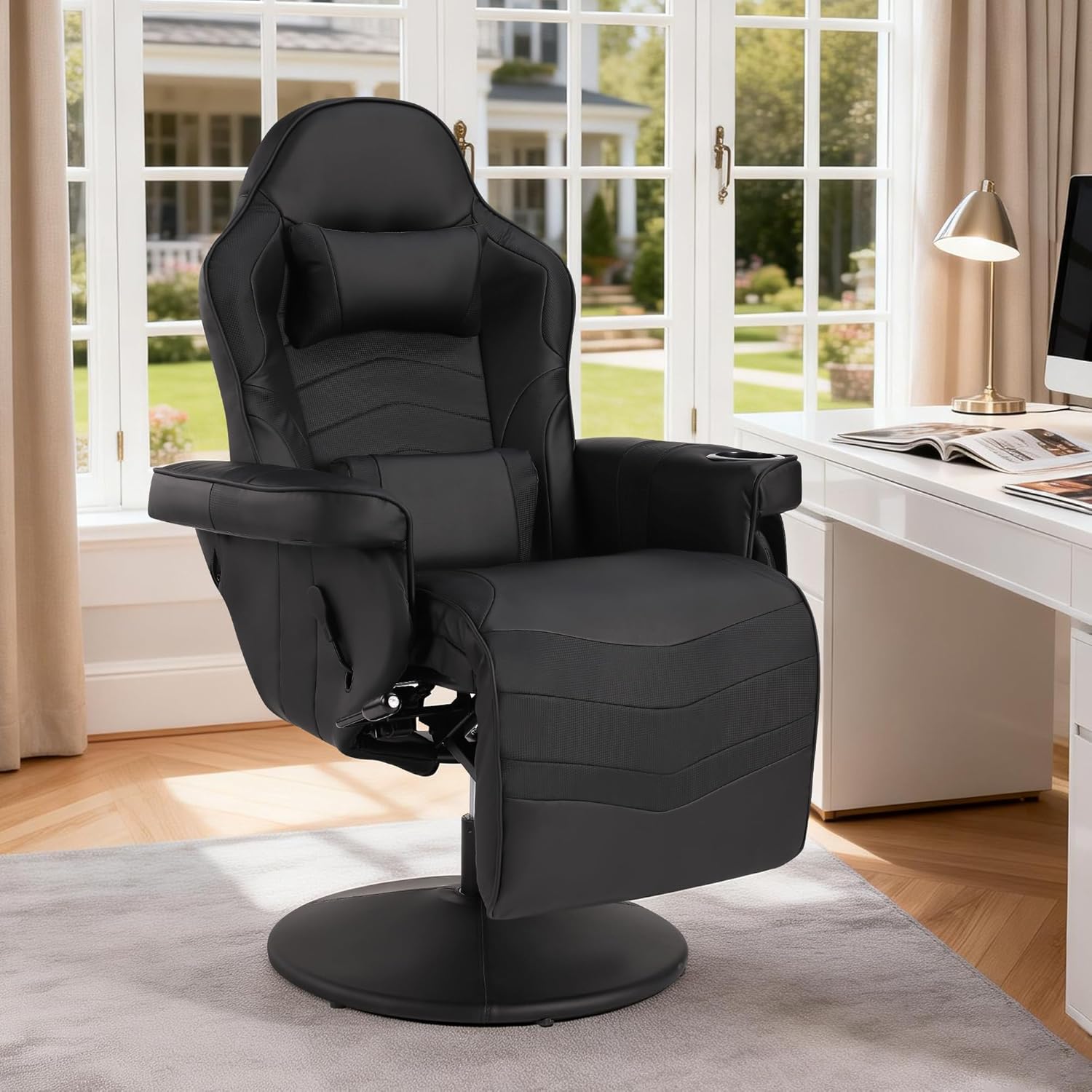 Massagesessel Gaming Stuhl mit Höhenverstellbar & 360° Drehbar, Relaxsessel Fernsehsessel mit Liegefunktion, Ergonomischer Racing Gaming Sessel Wohnzimmer, Manuell Verstellbar (Schwarz)