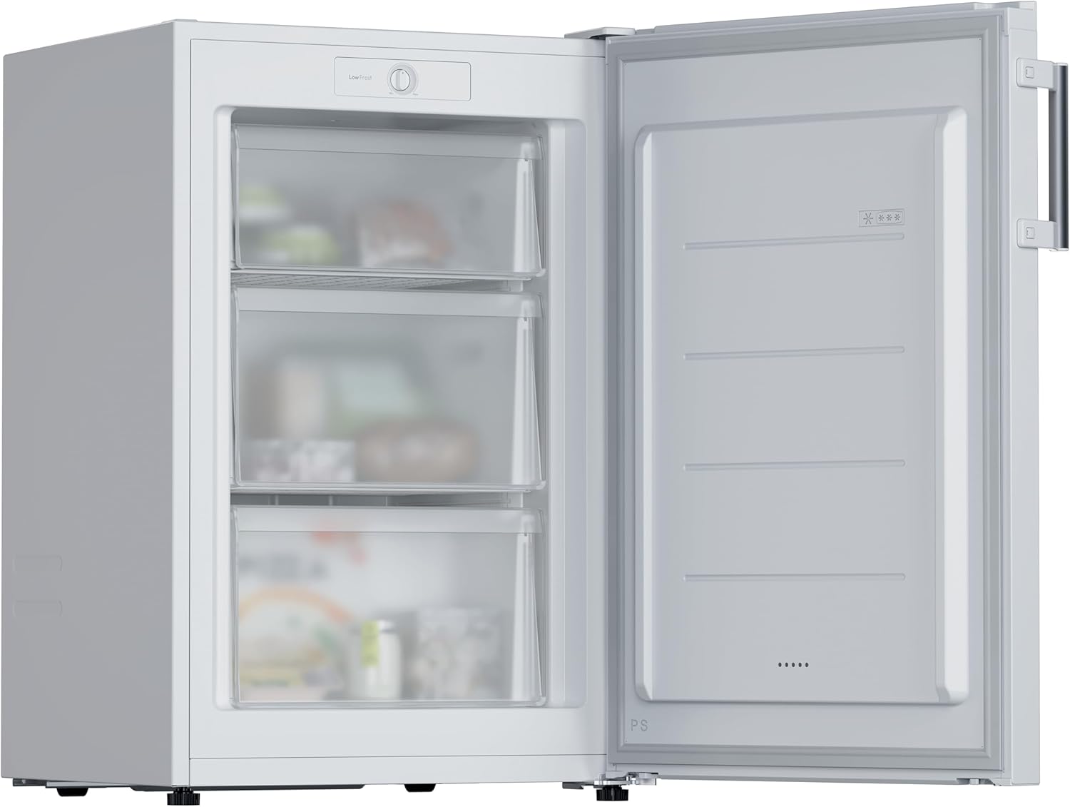 Candy City Mini Freezer 300 CNUQ2L58EWH, Congelador Vertical, Ancho 55CM, 90L, 3 Cajones, Control Mecánico de Temperatura, Patas Ajustables, Iluminación interna por LED, Tirador Exterior, 37DB, Blanco